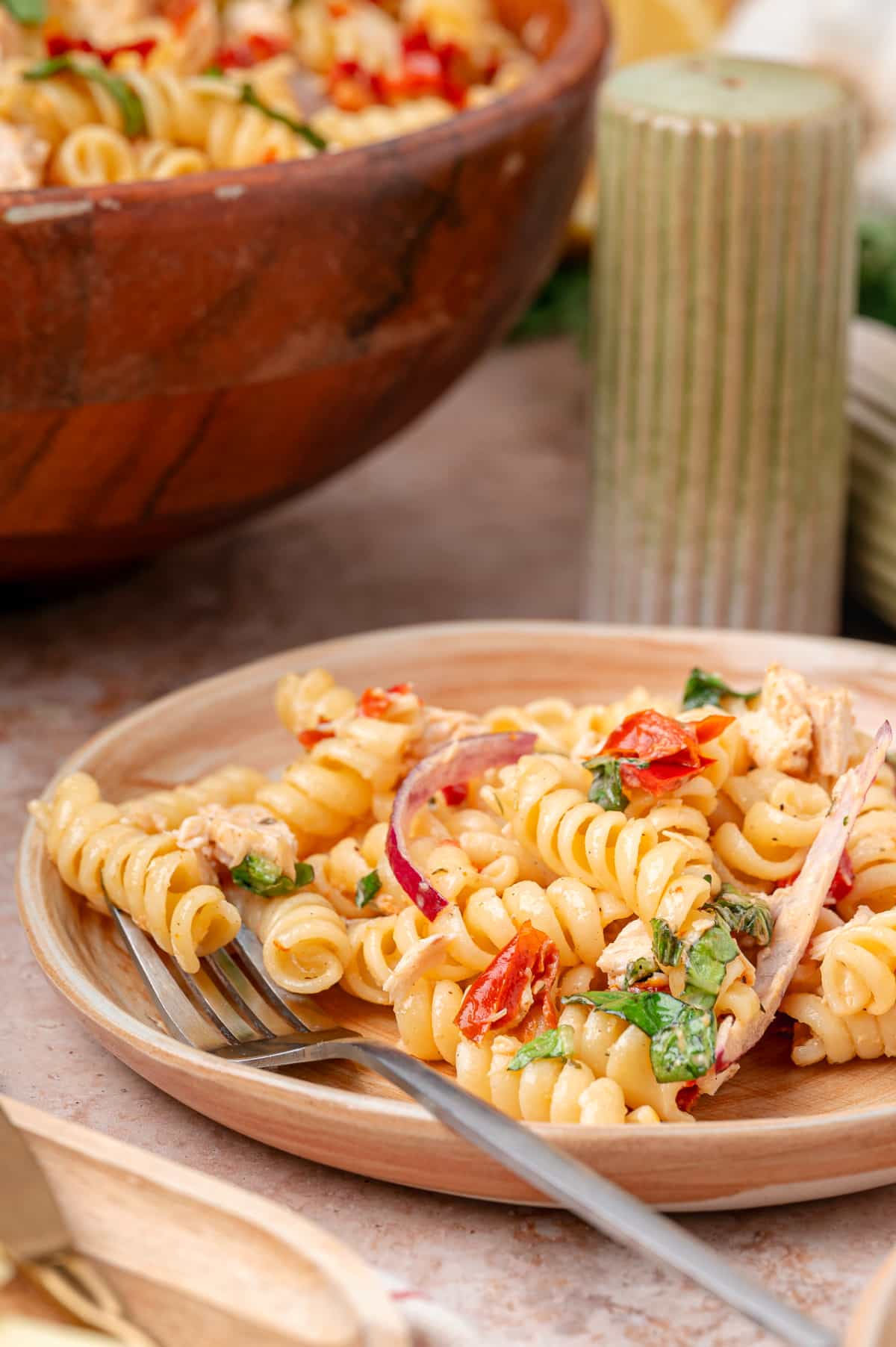 Rotini pasta salad with chicken, basil, Parmesan, and chopped sun-dried tomatoes on a serving plate Chicken pasta salad with rotini, basil, red onion, and sun-dried tomatoes served on a small plate