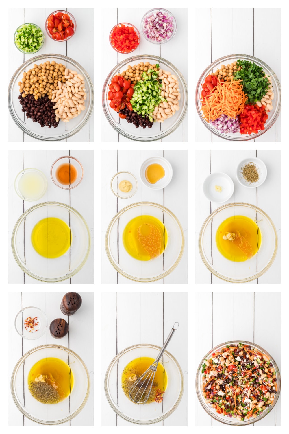 Process collage showing dense bean salad recipe being mixed with beans, chopped vegetables, feta cheese, and lemon Dijon dressing