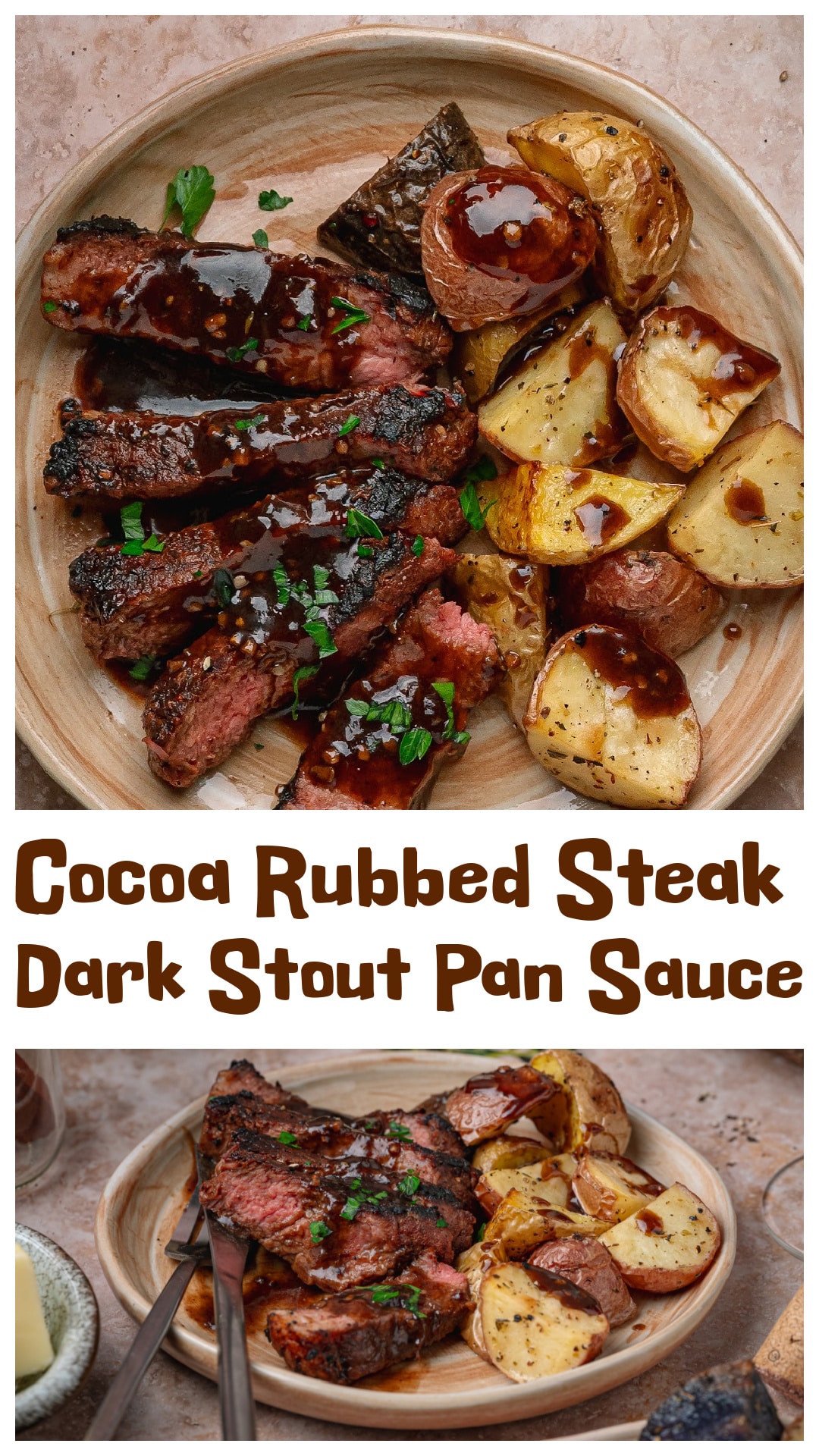 This cocoa rubbed steak with dark stout pan sauce starts with a savory cocoa spice rub that forms a dark crust in a hot cast iron skillet. The cocoa doesn’t taste sweet once seared. Instead, it brings roasted, earthy flavor that pairs perfectly with the stout reduction. Garlic, thyme, beef broth, and the browned bits left in the pan cook down into a rich sauce made for sliced New York strip steak. A moody, pub-style steak dinner with serious flavor. via @cmpollak1