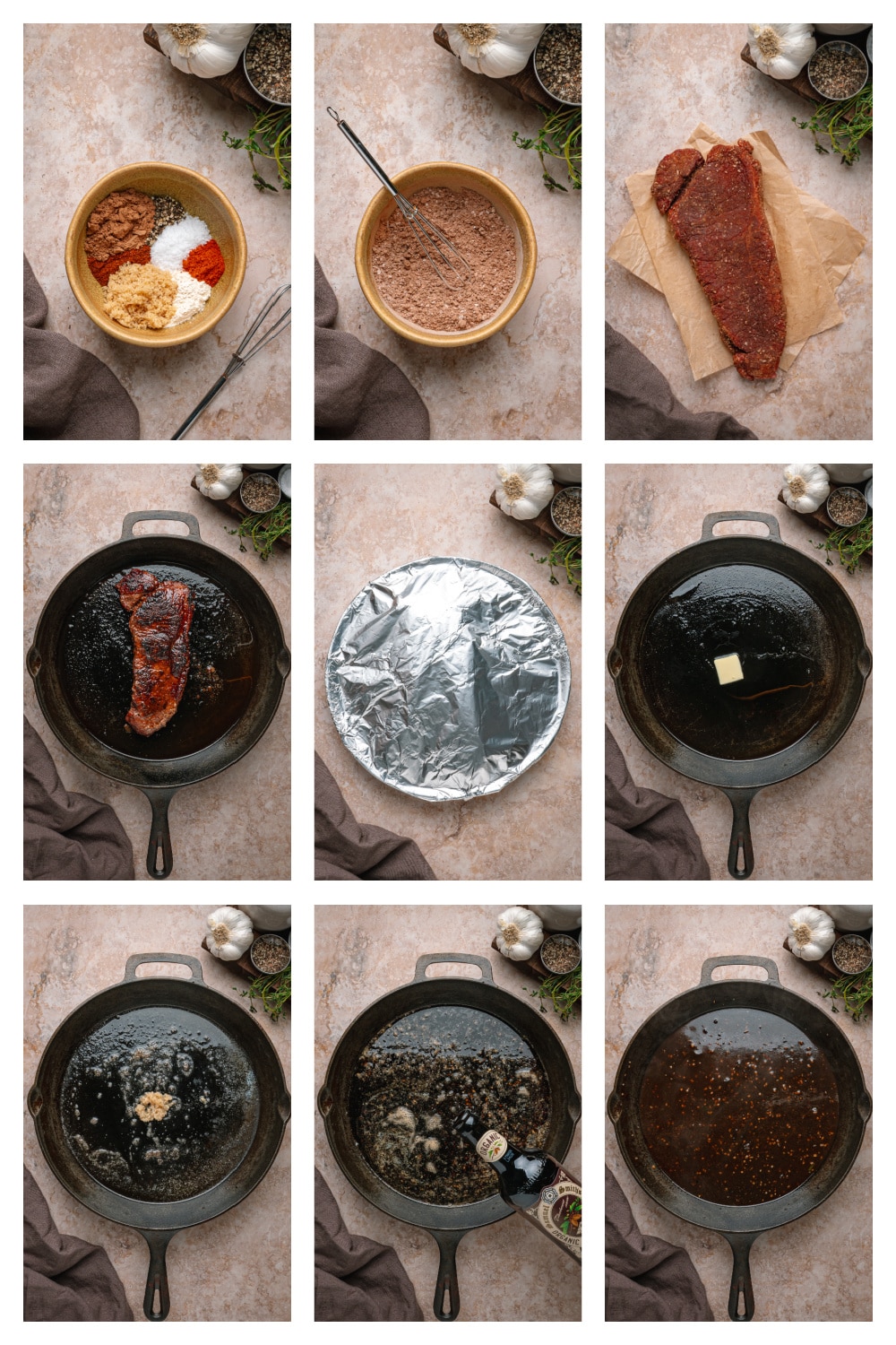 Steps for making cocoa rubbed steak with dark stout pan sauce. Process collage showing the cocoa spice rub, cast iron sear, stout sauce, and sliced steak.