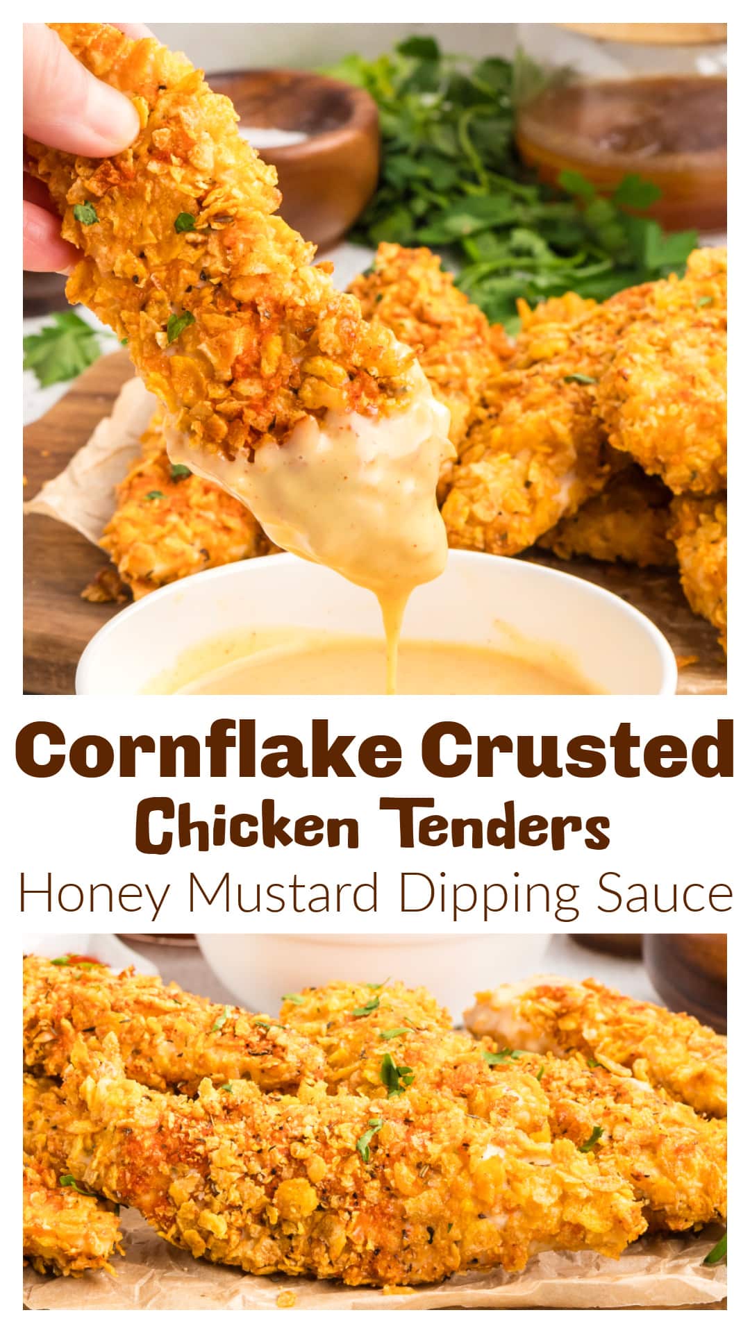 Cornflake Crusted Chicken Tenders baked until crispy and golden with a thick crunchy cornflake coating and homemade honey mustard dipping sauce. These crispy baked chicken tenders use crushed cornflakes for all those jagged crunchy edges across the outside instead of traditional breadcrumbs. Perfect for dinner, game day, appetizers, family meals, party food, or homemade chicken strips with extra crunch. Includes oven instructions, air fryer tips, and homemade honey mustard sauce. via @cmpollak1