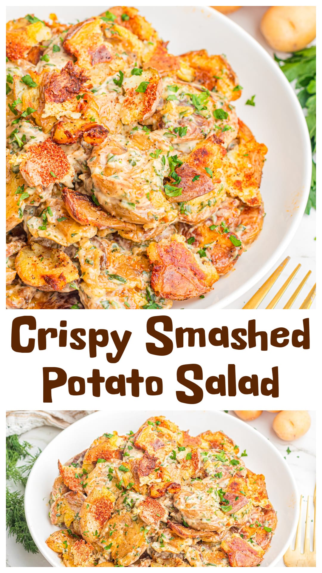 This Crispy Smashed Potato Salad combines golden roasted potatoes, crispy edges, fluffy centers, and a creamy lemon herb dressing with fresh dill and parsley. Part crispy sheet pan potatoes, part potato salad, this easy side dish brings real texture to grilled dinners, summer cookouts, fried chicken nights, and weeknight meals. A fresh take on potato salad that people get excited about. via @cmpollak1