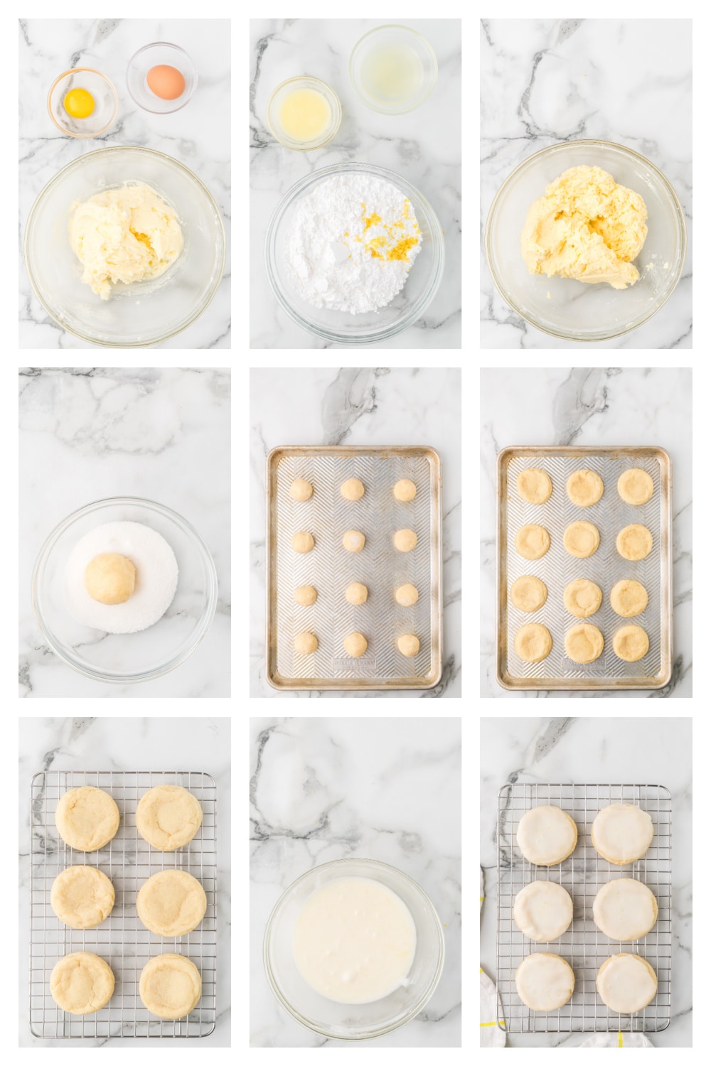 Process collage showing how to make glazed lemon sugar cookies from mixing the dough through glazing the baked cookies