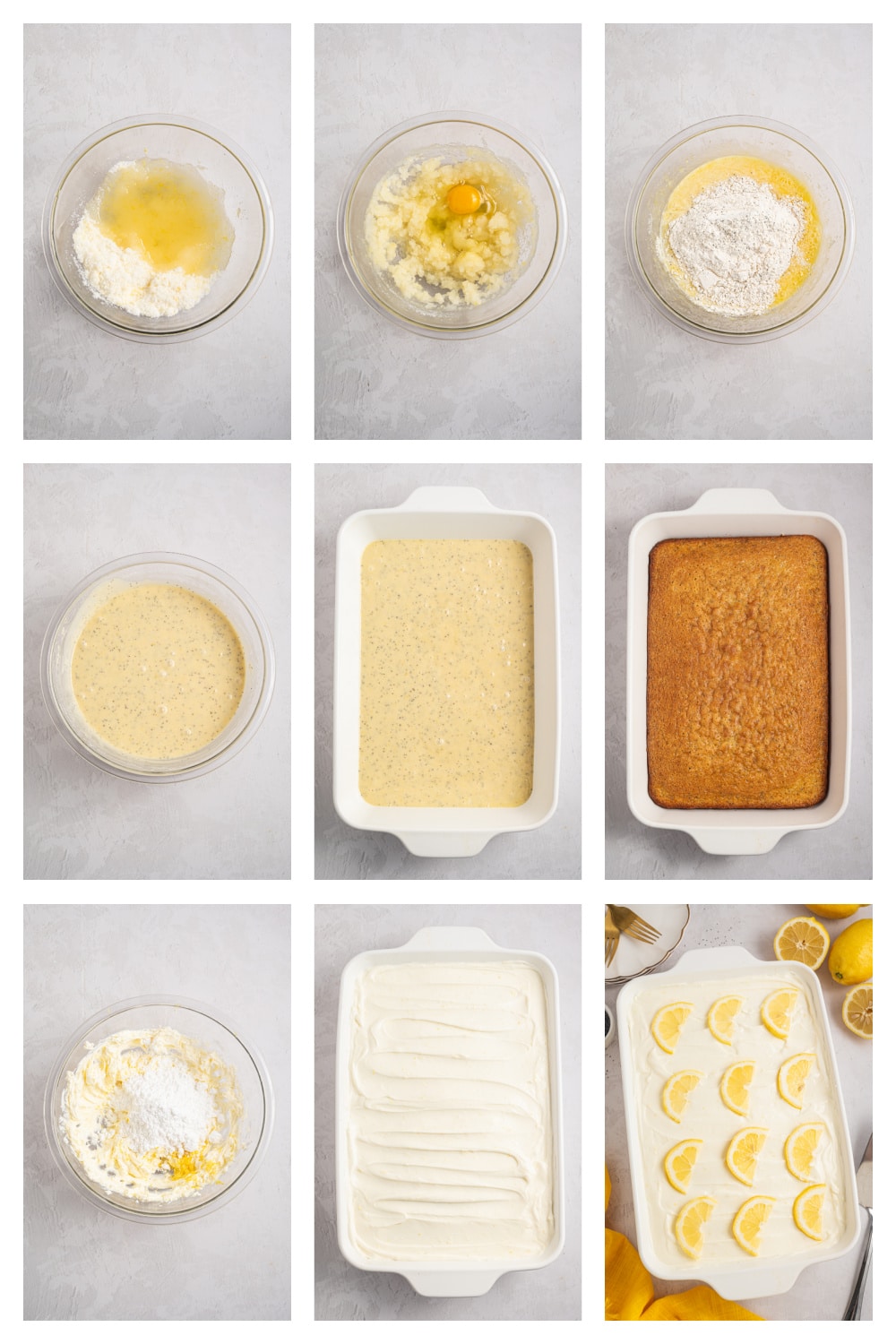 Steps for making lemon poppy seed cake from batter to baked cake Steps showing how to make lemon poppy seed cake including mixing batter, preparing the pan, and baking