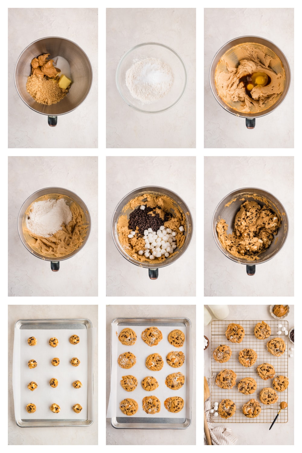 Peanut butter cookie dough being mixed, scooped, chilled, and baked into marshmallow chocolate chip cookies.