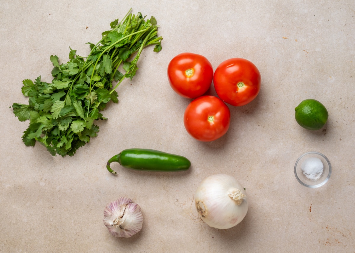 Ingredients for homemade pico de gallo including tomatoes, white onion, jalapeño, garlic, cilantro, lime, and salt