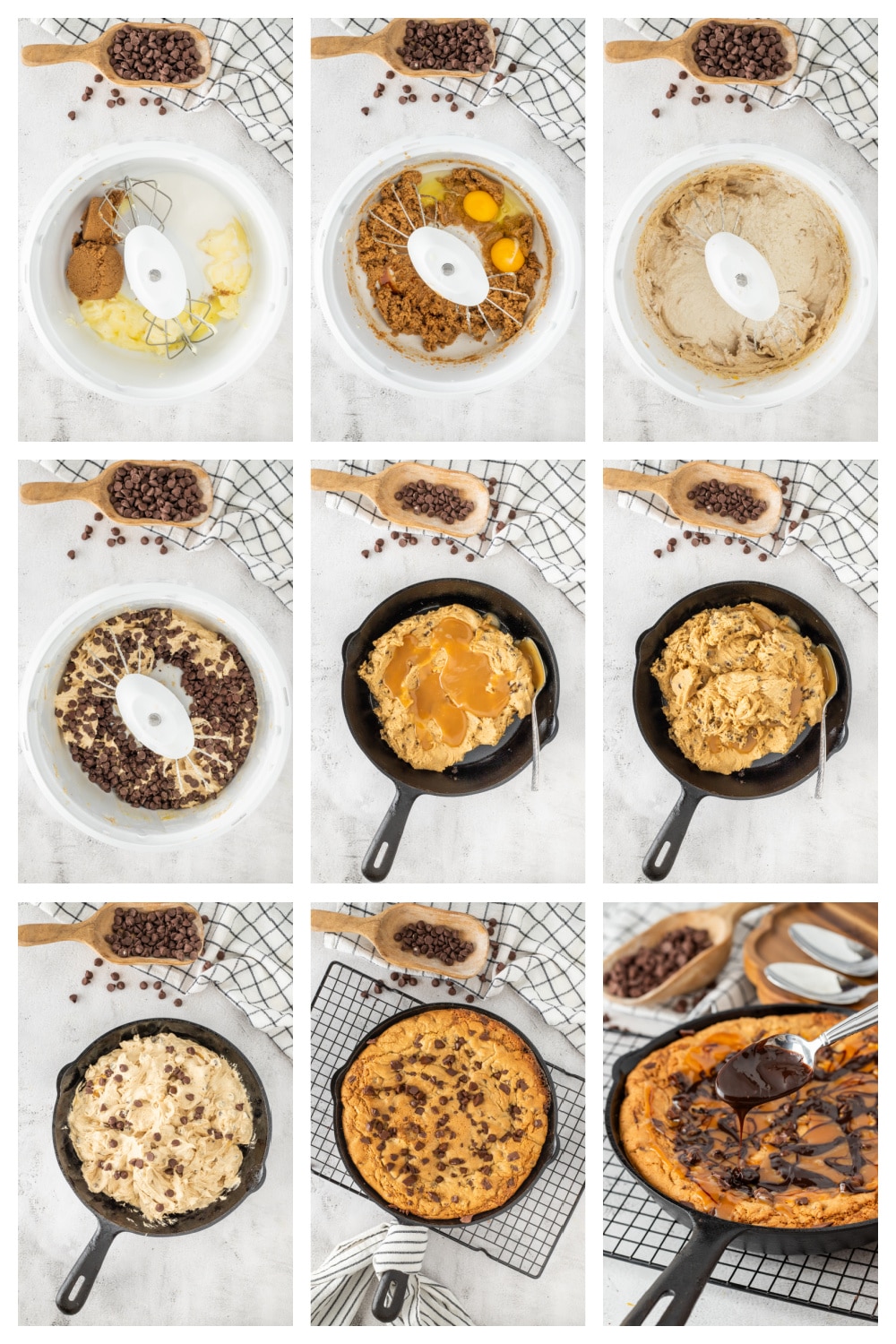 The caramel layered through the middle is what creates the molten pockets and lava-style center once the skillet cookie bakes. Process collage showing dough layering, salted caramel sauce, cast iron skillet baking, and the gooey molten center of a salted caramel skillet cookie.