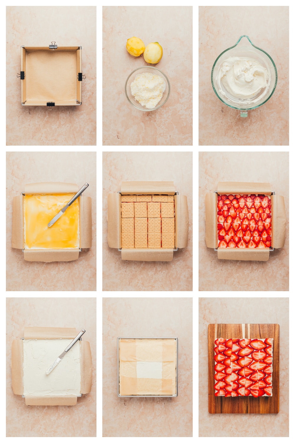 Layering strawberry lemon icebox cake with mascarpone cream and graham crackers Process collage showing layers of mascarpone cream, lemon curd, graham crackers, and strawberries being assembled for strawberry lemon icebox cake.