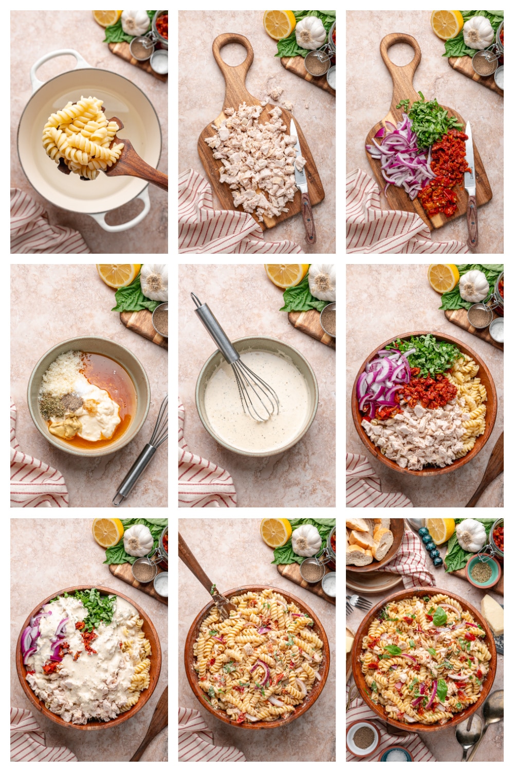 Step-by-step process for making Sun-Dried Tomato Chicken Pasta Salad with rotini, basil, chicken, and sun-dried tomato dressing Process collage showing pasta cooking, dressing being whisked, and Sun-Dried Tomato Chicken Pasta Salad being mixed together