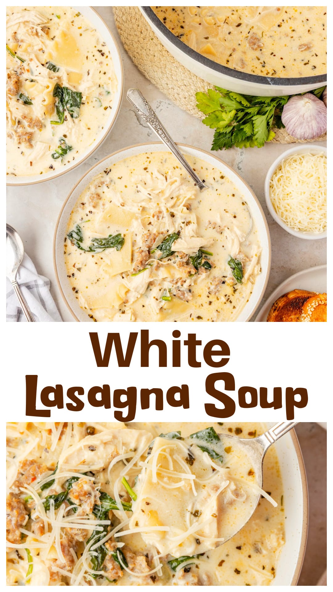 White Lasagna Soup turns everything good about creamy white lasagna into a rich soup loaded with sausage, shredded chicken, spinach, ricotta, mozzarella, Parmesan, and broken lasagna noodles. The cheeses melt directly into the broth while a little nutmeg gives it classic white lasagna flavor. This creamy lasagna soup recipe tastes like baked pasta without the layering and makes an easy dinner for cold nights, weekends, or comfort food cravings. via @cmpollak1