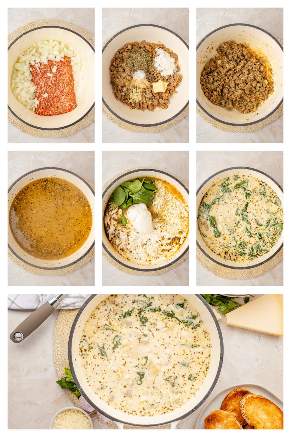 Process collage for White Lasagna Soup showing browned sausage, creamy broth, ricotta, spinach, chicken, and broken lasagna noodles during cooking
