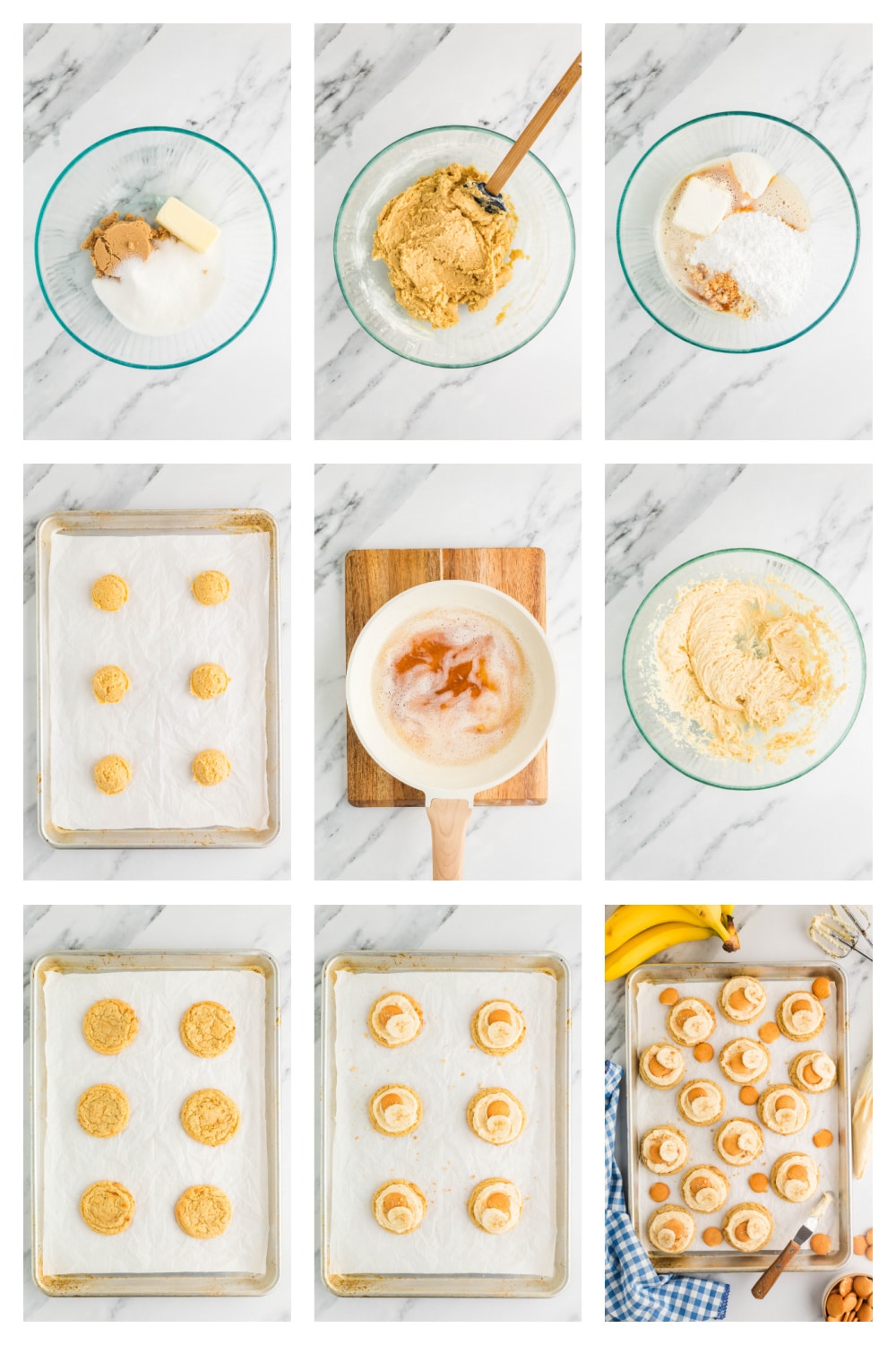 Process collage showing how to make banana pudding cookies, from mixing the dough to frosting the baked cookies.