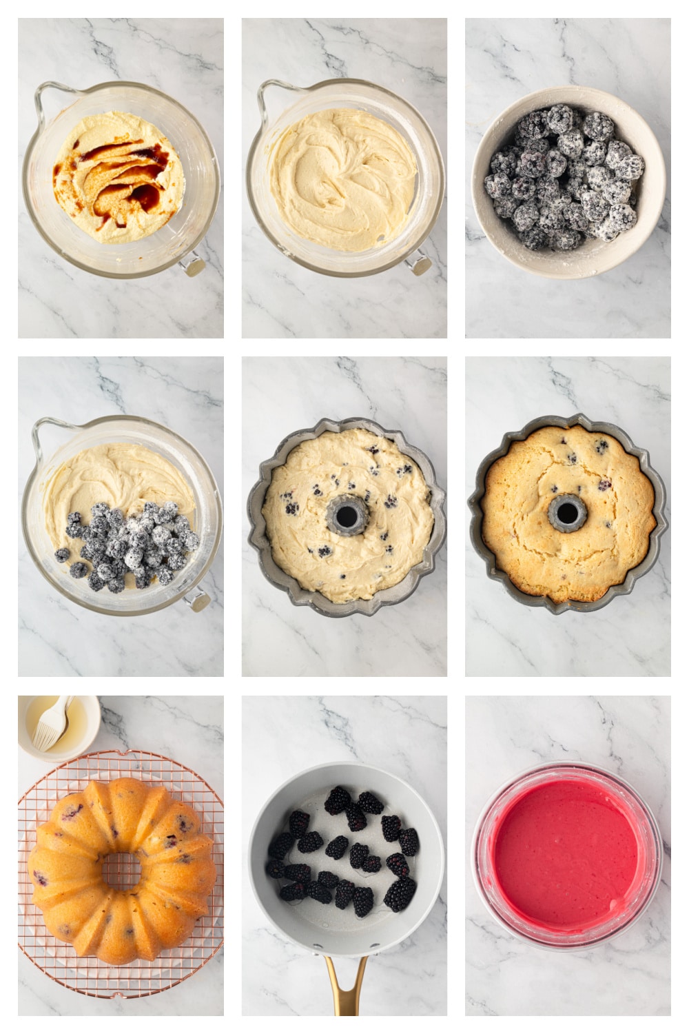 Process collage showing steps for making blackberry Bundt cake from batter to finished cake