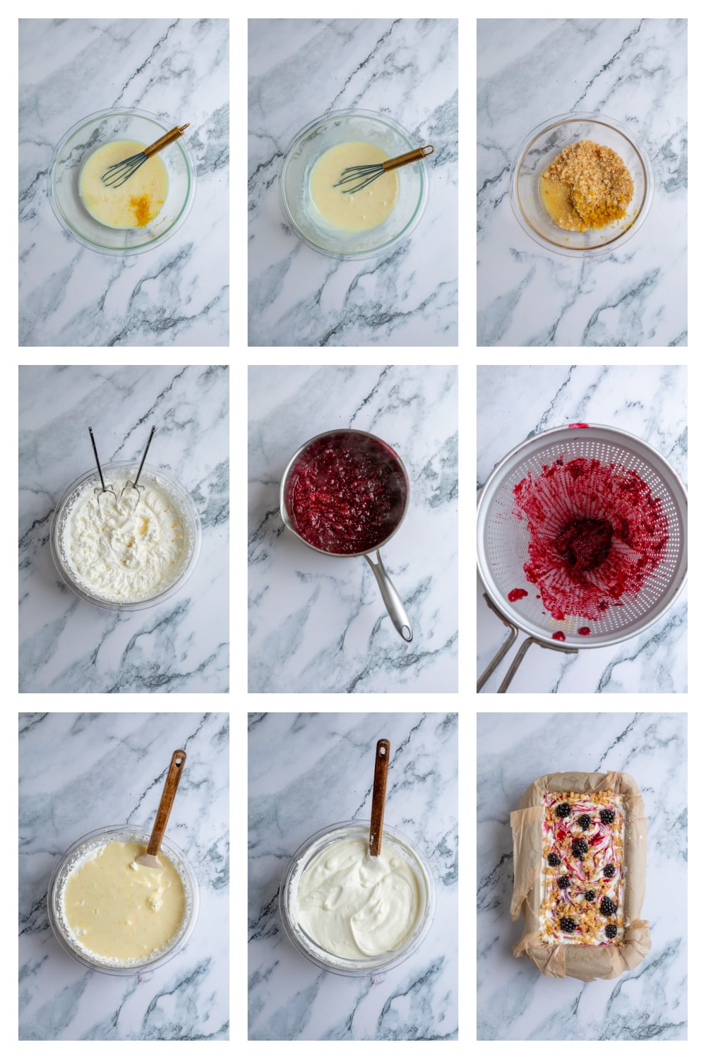 Step-by-step process for making Blackberry Crumble à la Mode Ice Cream, from cooking the blackberry swirl to layering the ice cream and crumble.