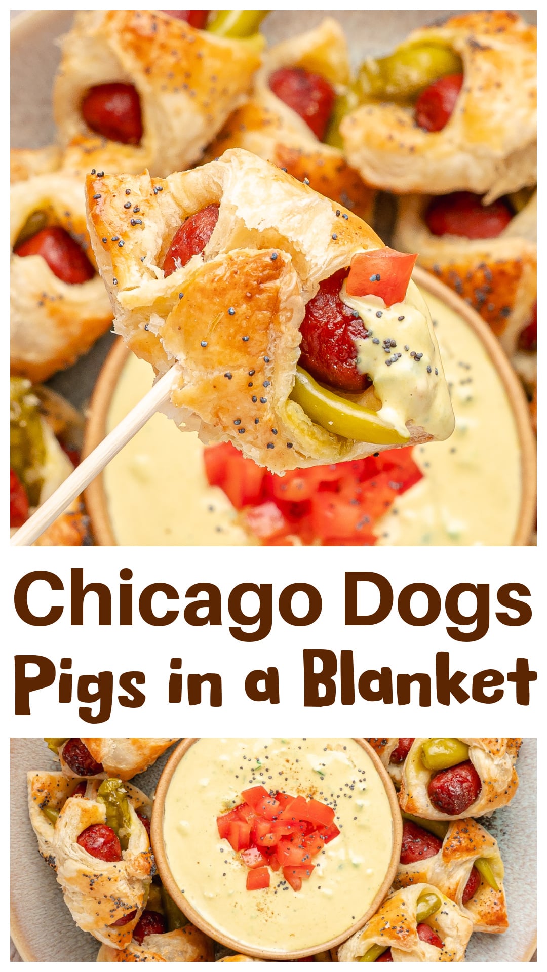 Chicago hot dog pigs in a blanket turn a fully loaded Chicago dog into a party-ready appetizer. Beef cocktail franks and sport peppers are wrapped in flaky puff pastry, baked until golden, and served with a creamy mustard relish dip inspired by the classic toppings. A fun game day appetizer, party snack, or finger food for anyone who loves Chicago dog flavors. via @cmpollak1