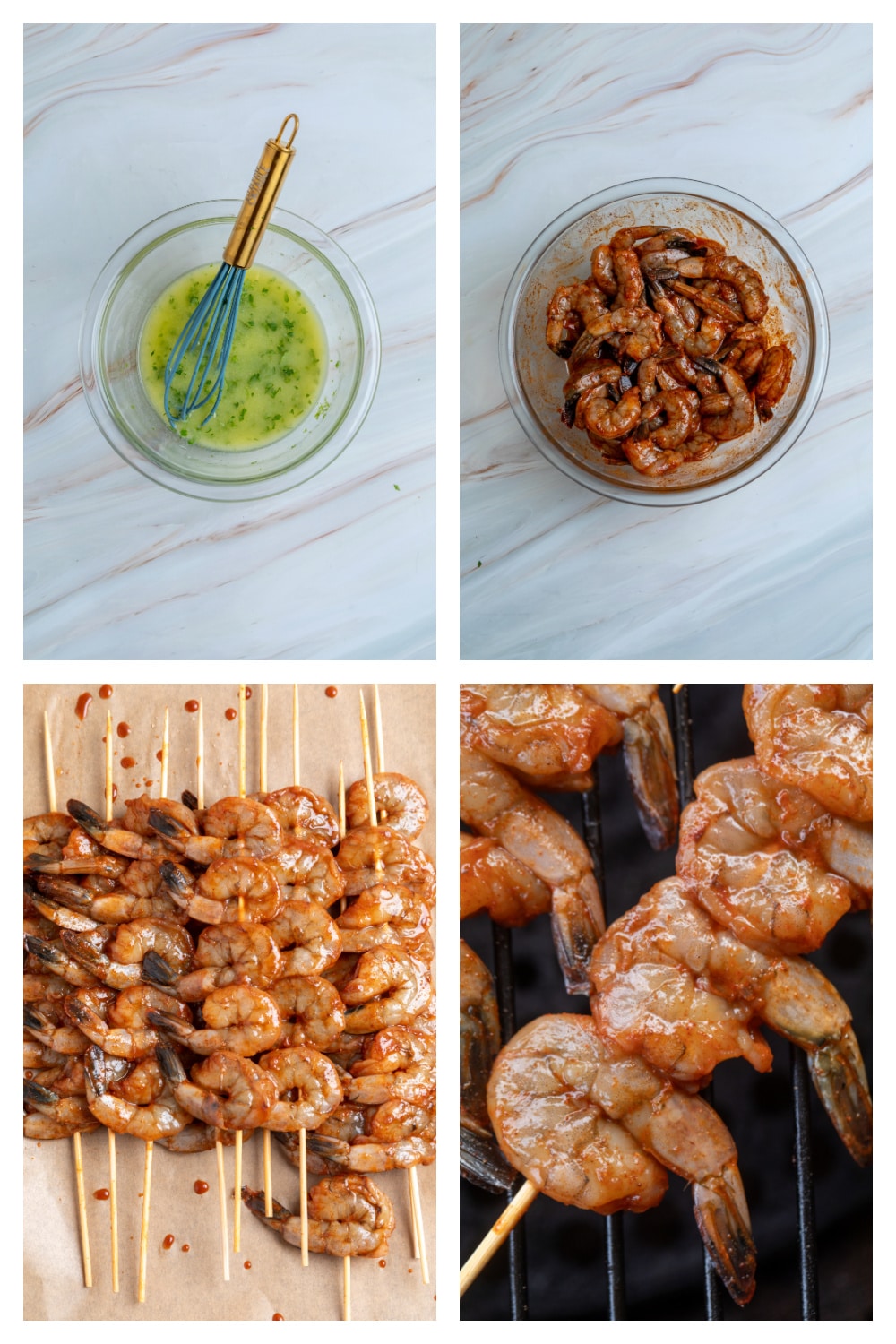 Process collage showing how to make chipotle honey grilled shrimp skewers from marinade to grilling