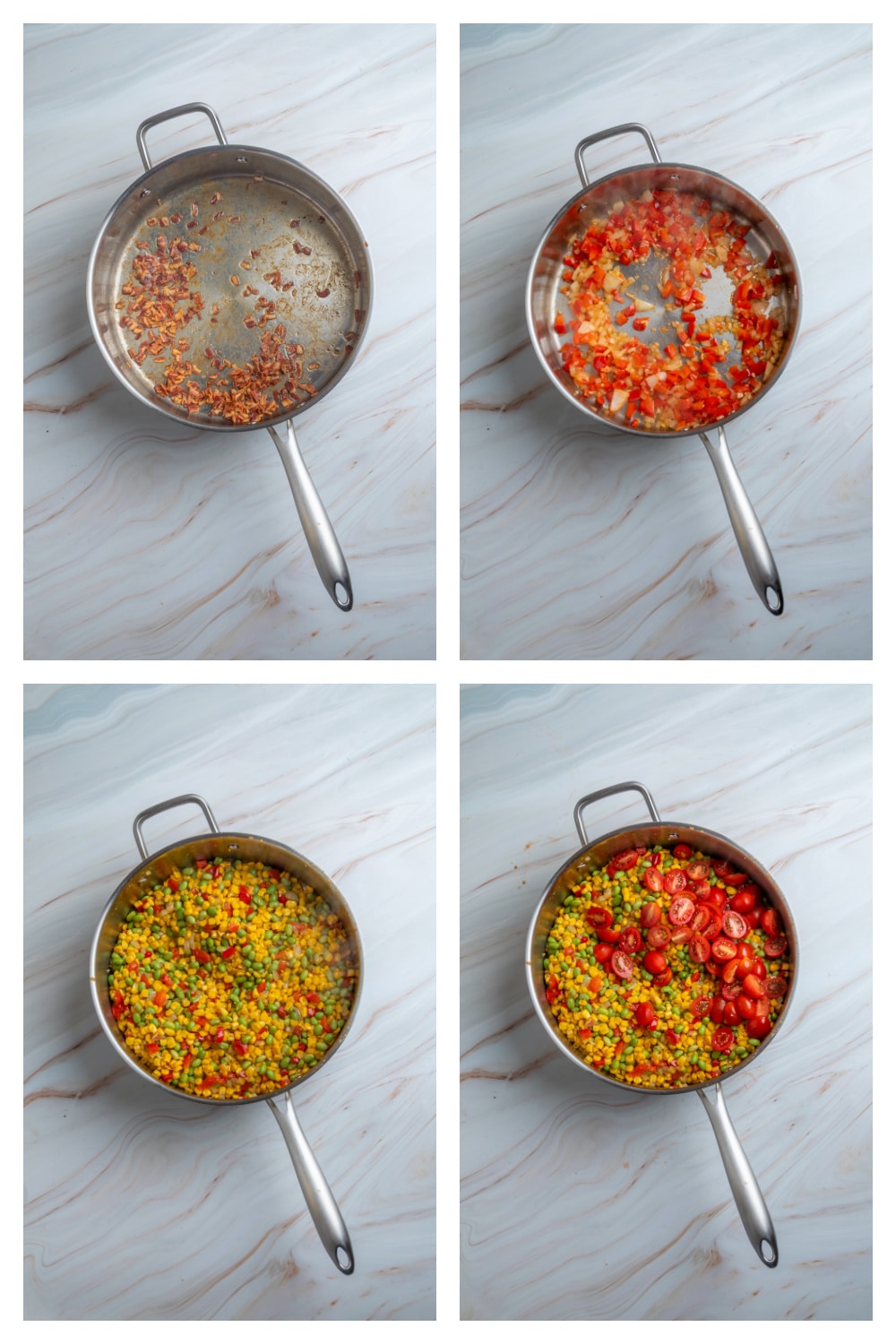 Step-by-step process for making corn succotash with edamame, bacon, and vegetables