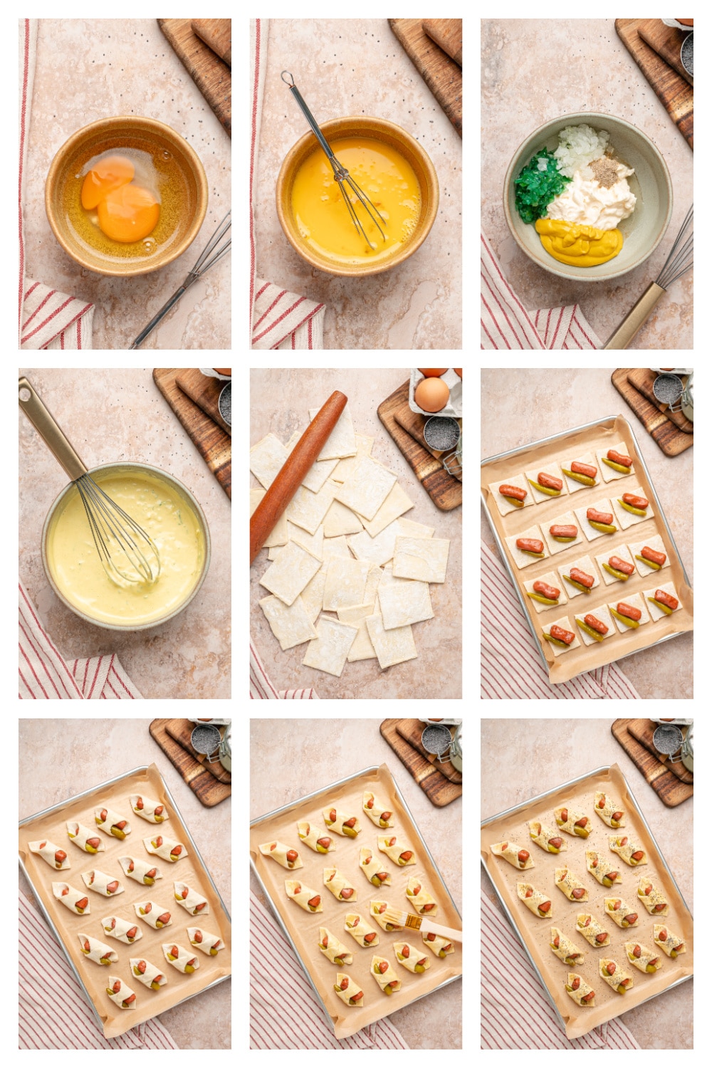 Process collage showing puff pastry squares, sport peppers, beef cocktail franks, wrapping, and baked pigs in a blanket.
