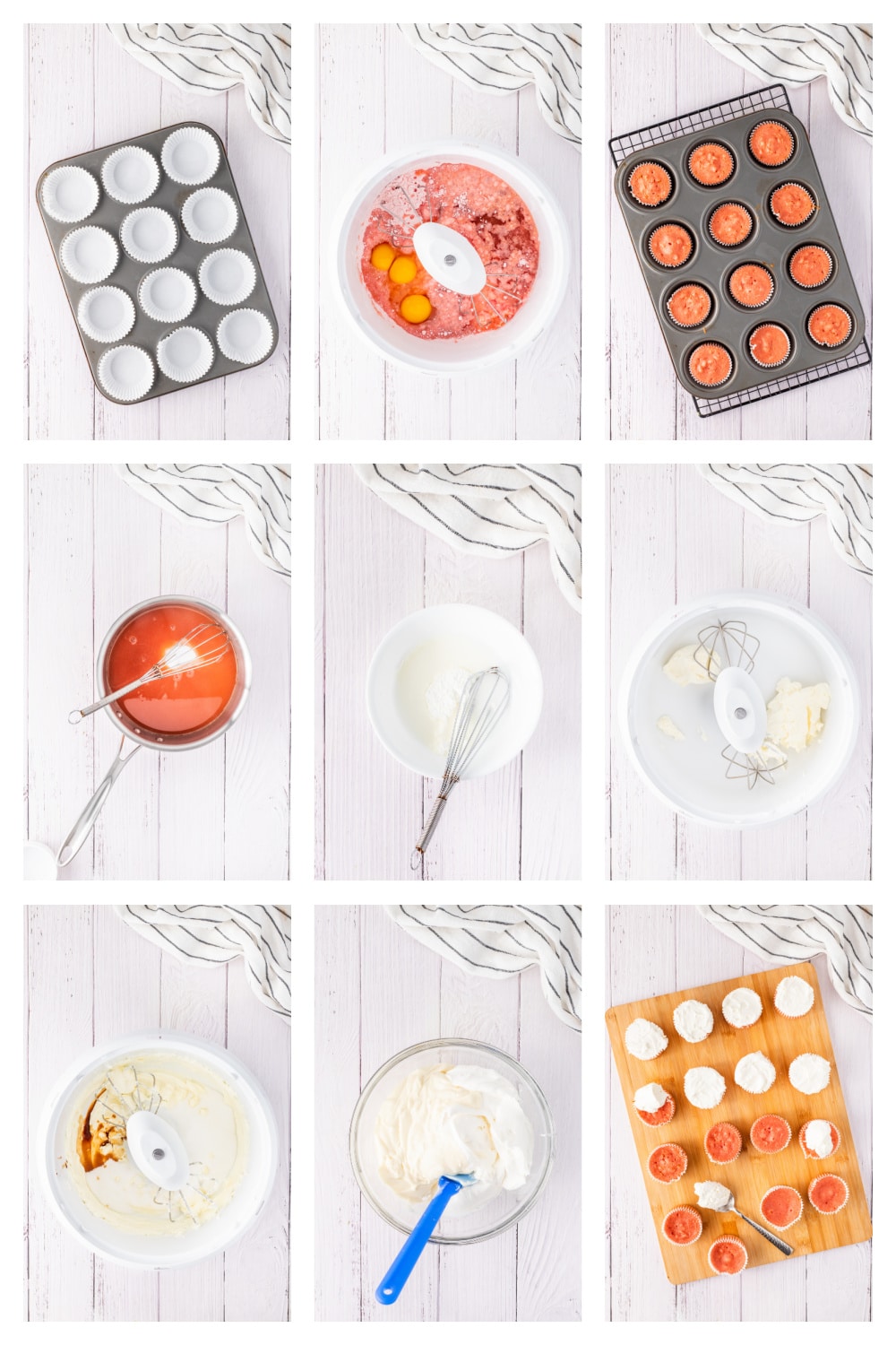 See the process for making guava cream cheese cupcakes, including the batter, cream cheese layer, guava glaze, and final assembly. Step-by-step collage showing how to make guava cream cheese cupcakes from batter to finished cupcakes