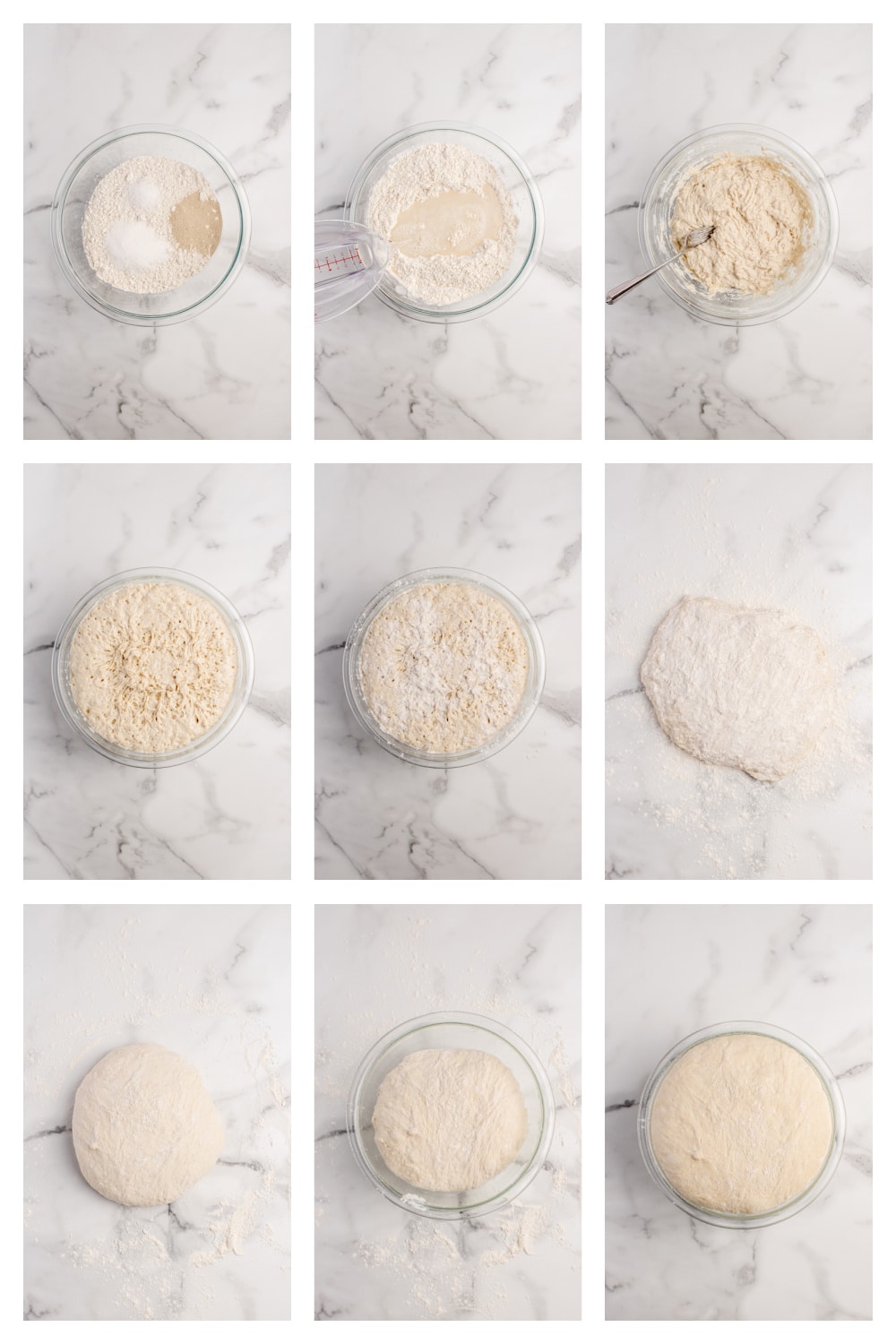 Process collage showing how to make no-knead peasant bread from mixing through baking
