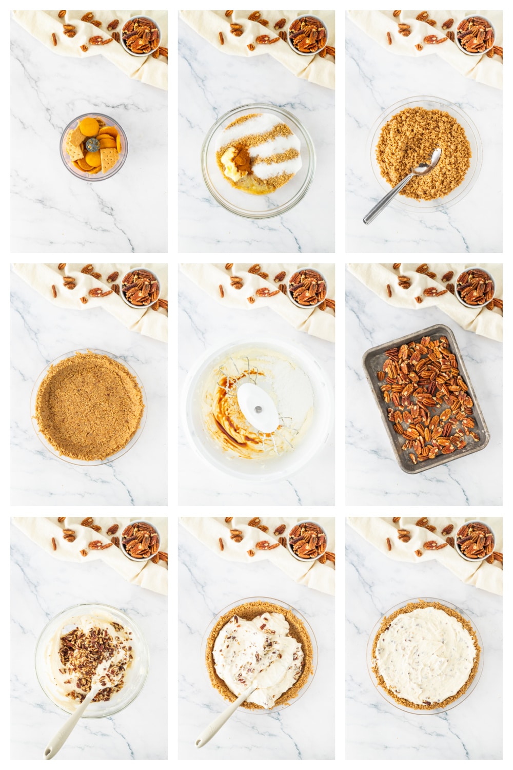 Process collage showing how to make pecan cream pie from crust preparation to filling and assembly