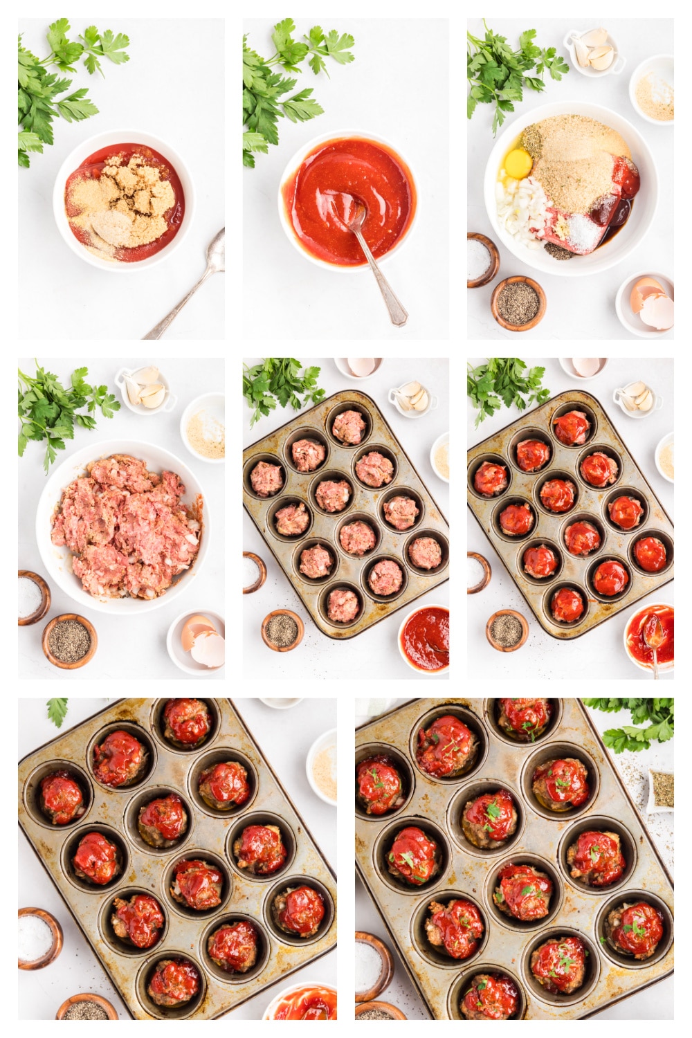 Process collage showing how mini meatloaf is made Steps for making mini meatloaf from mixing the beef mixture to baking in a muffin tin