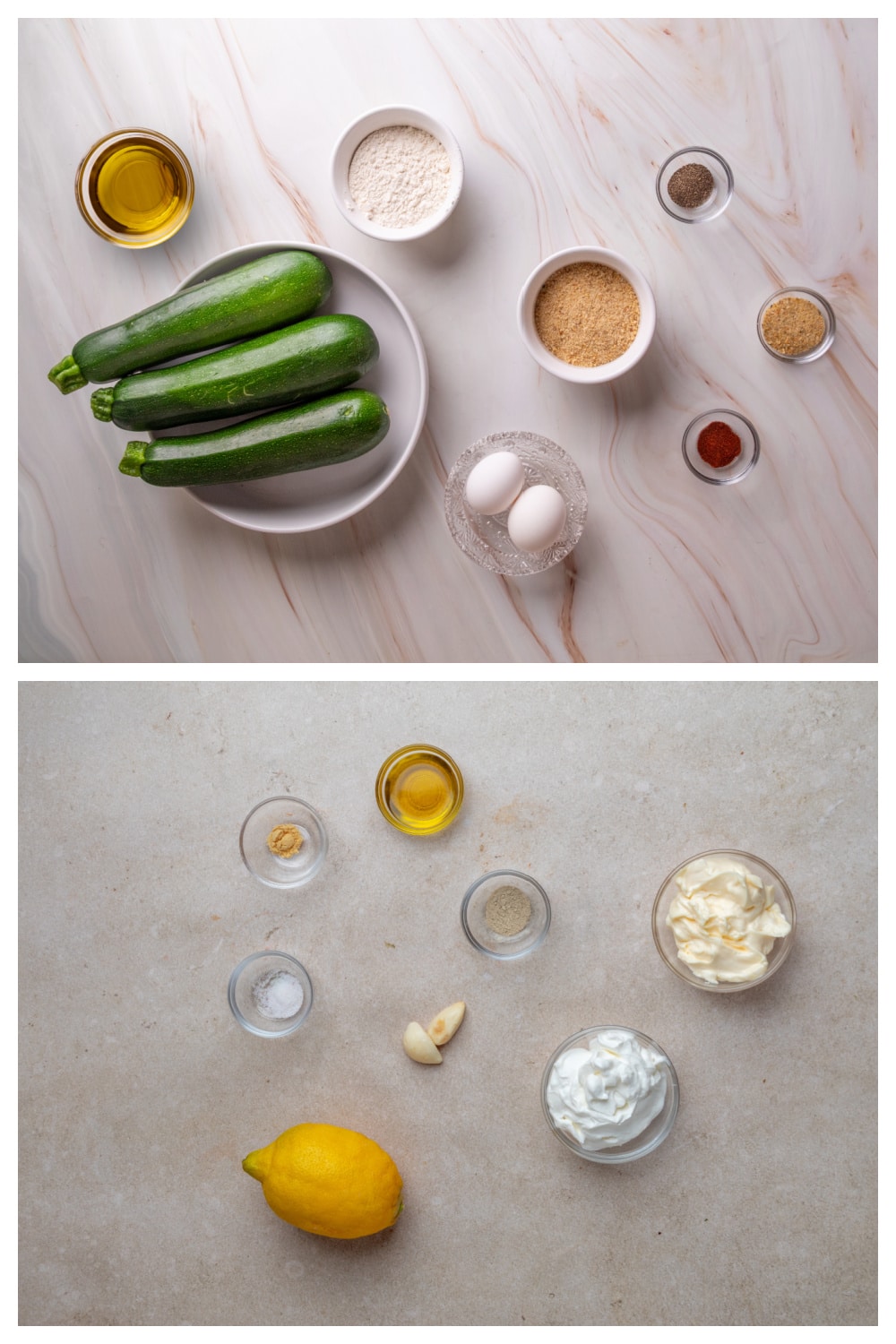 Ingredients for air fryer zucchini fries including zucchini, breadcrumbs, flour, eggs, olive oil, and seasonings.