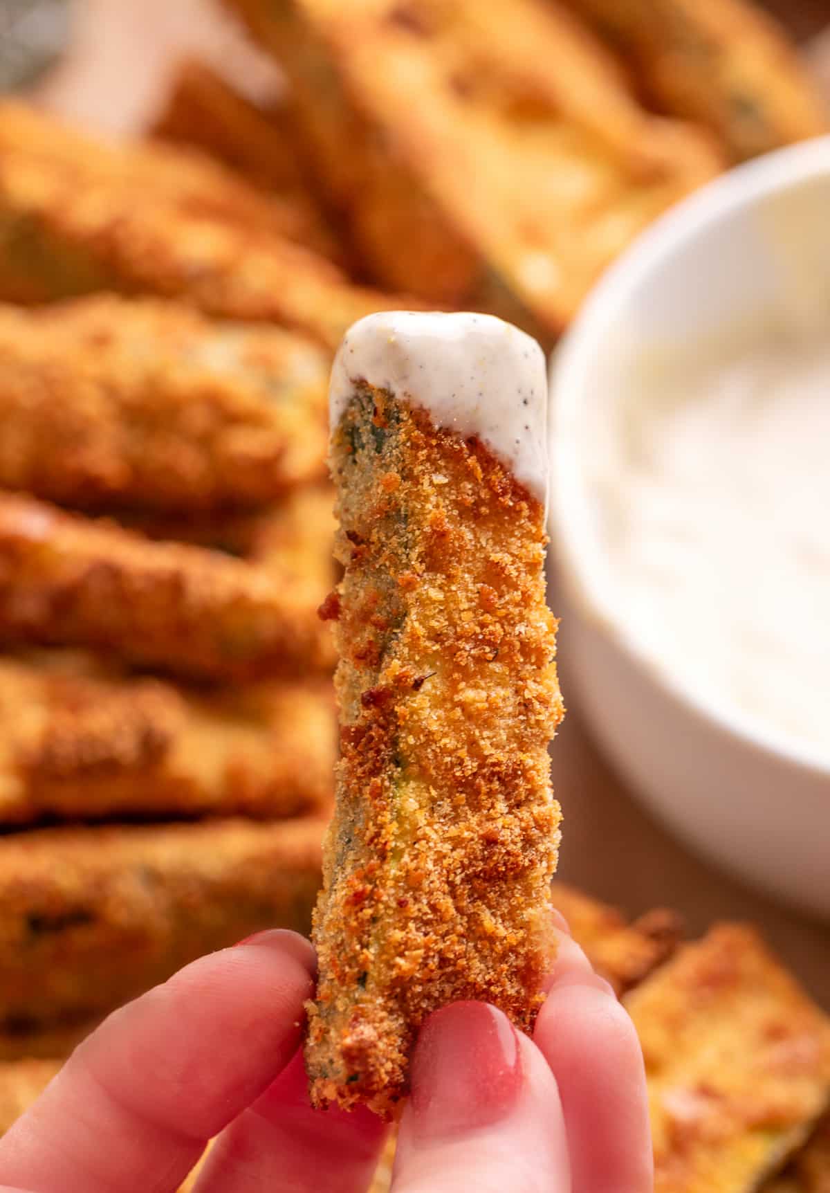 Hand holding an Air Fryer Zucchini Fry in front of homemade lemon garlic aioli.