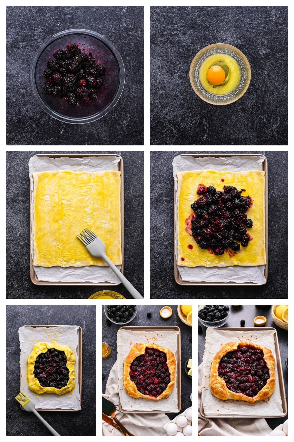 Step-by-step collage showing how to make blackberry puff pastry galette.