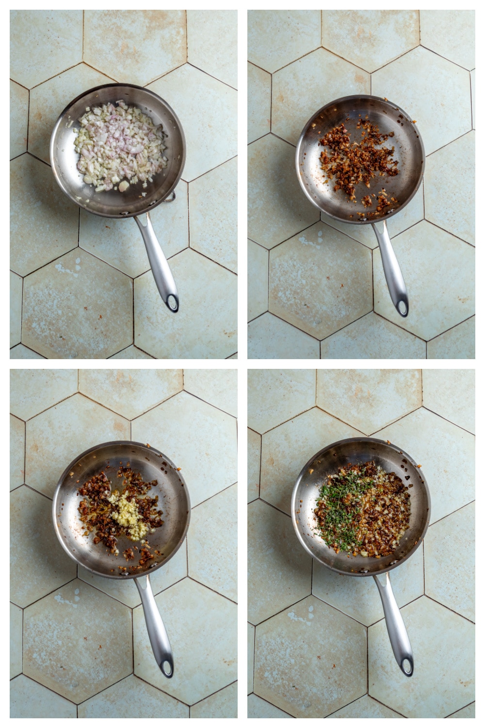 Step-by-step process for making bread dipping oil with caramelized shallots, garlic, fresh herbs, and olive oil.