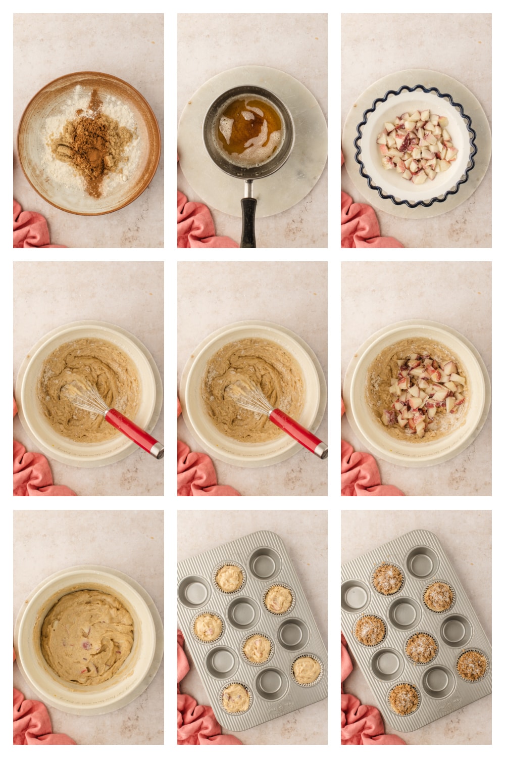 Process for making brown butter peach coffee cake muffins Process collage showing how to make brown butter peach coffee cake muffins