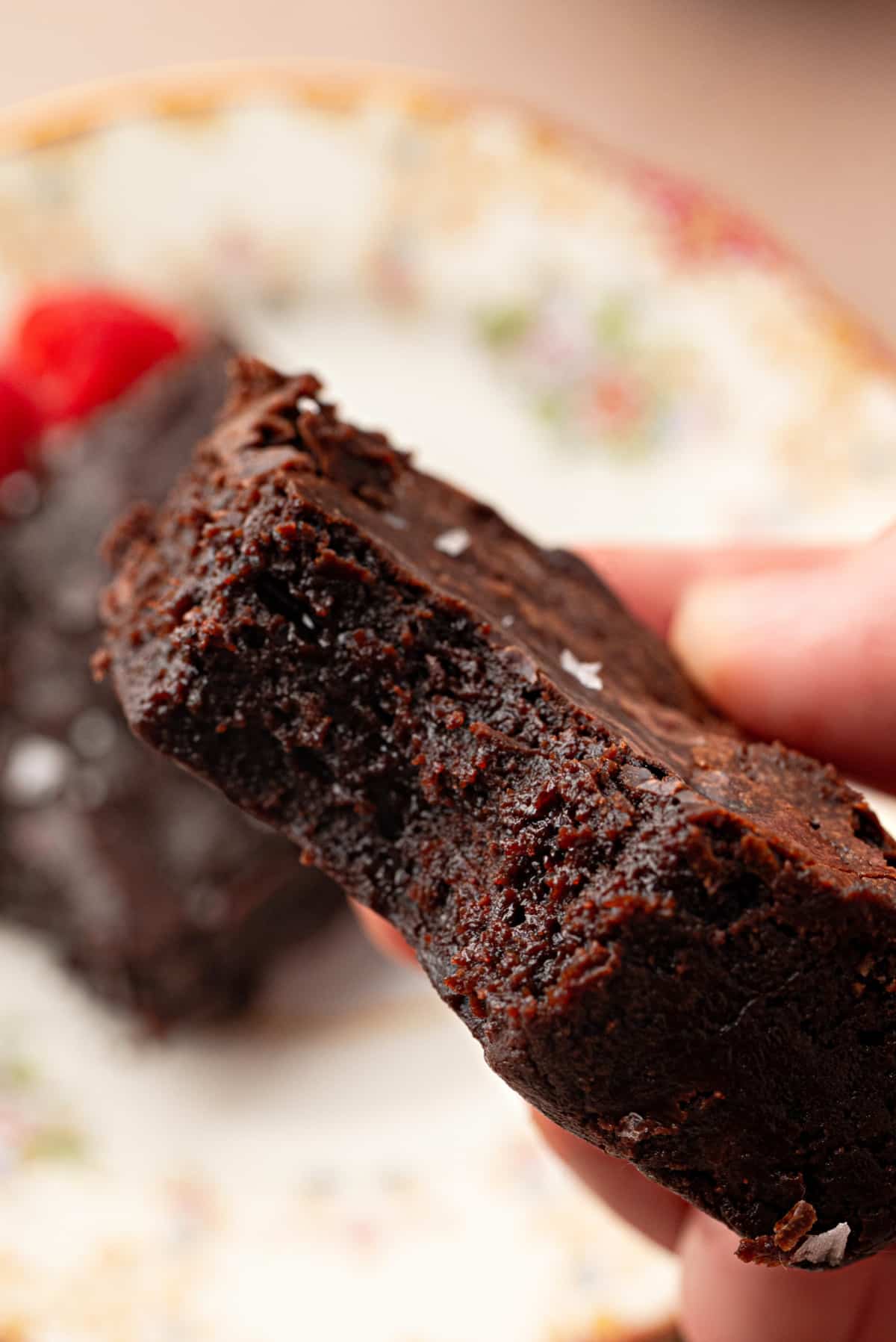 Close-up of the fudgy center of a Cabernet Sauvignon brown butter brownie.
