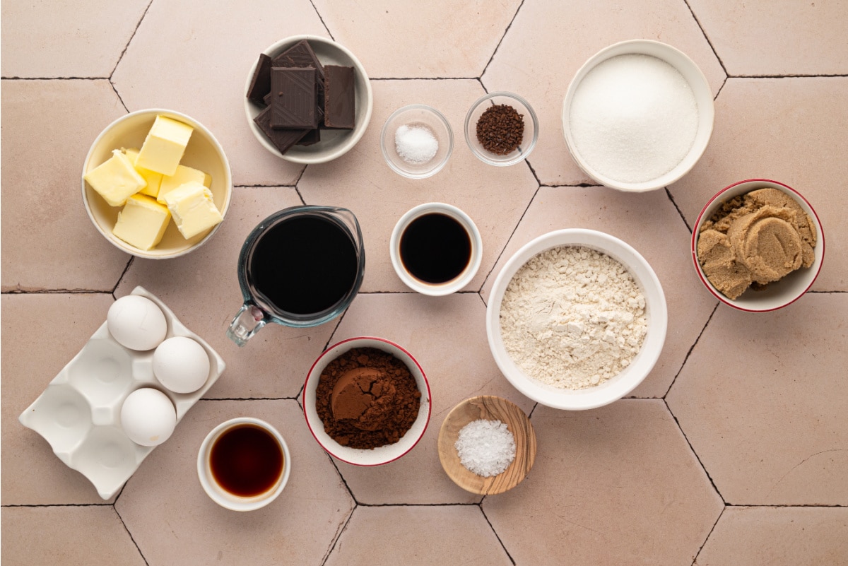 Ingredients for Cabernet Sauvignon brown butter brownies, including Cabernet Sauvignon, dark chocolate, butter, cocoa powder, sugars, eggs, flour, vanilla, espresso powder, and sea salt.