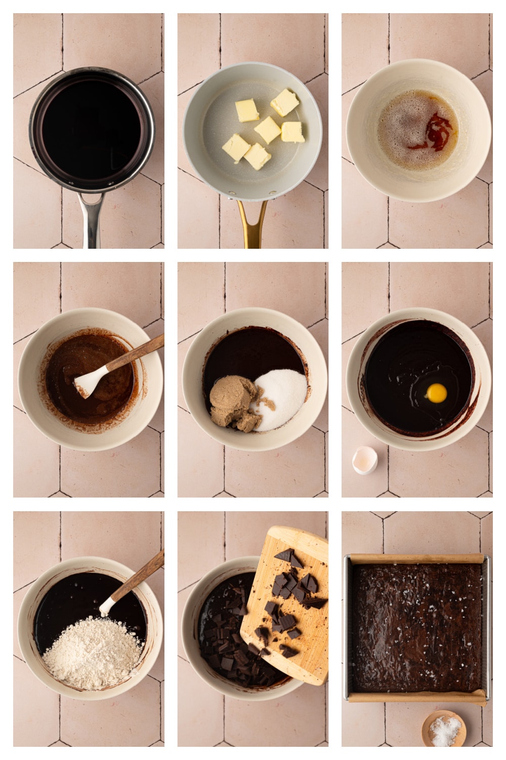 Process collage showing the steps for making Cabernet Sauvignon brown butter brownies, from reducing the wine to mixing the batter and baking.