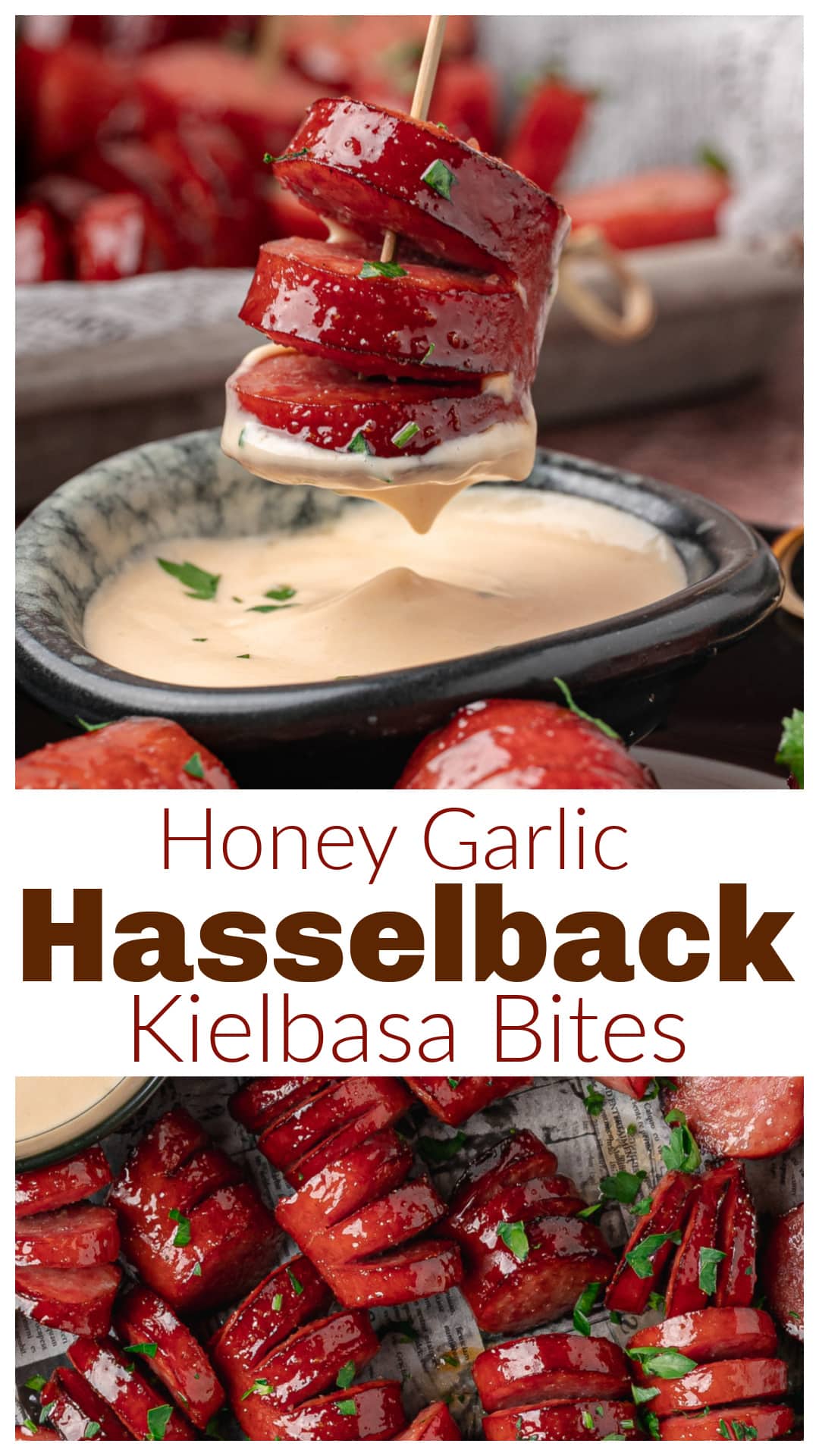 Honey Garlic Hasselback Kielbasa Bites turn smoked kielbasa into bite-sized appetizers with plenty of places to catch a sticky honey garlic glaze. Baking the kielbasa before adding the glaze gives the hasselback cuts time to open, then a second brush of reserved glaze adds an extra glossy finish. Serve them warm with creamy honey mustard for game day, holiday parties, potlucks, or anytime you need an easy appetizer people will keep dipping. via @cmpollak1