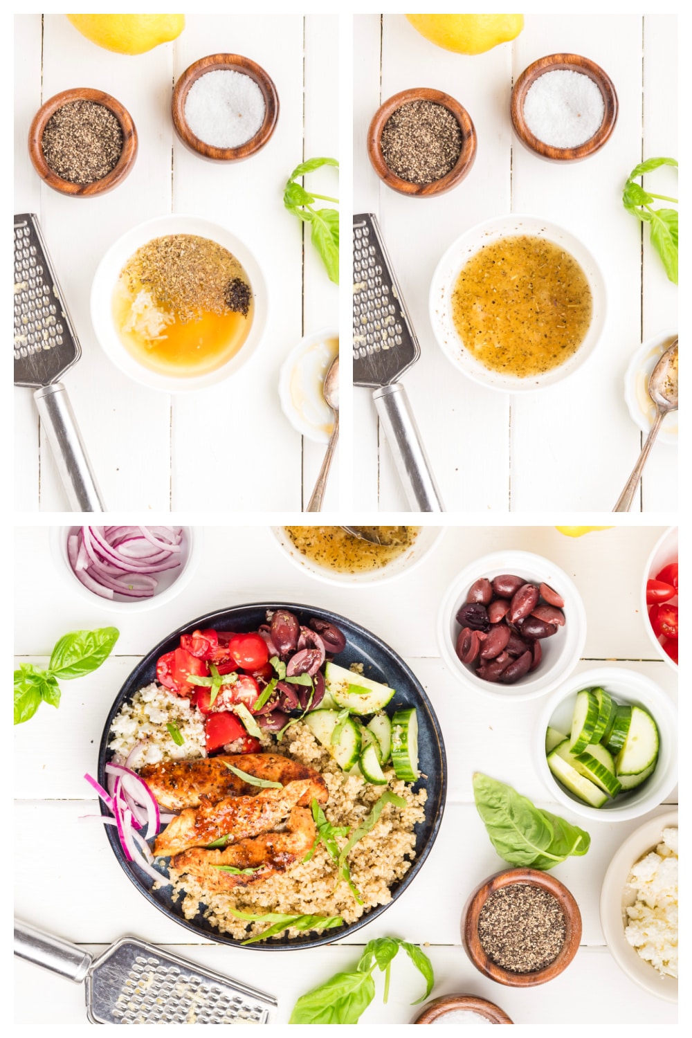 Process collage showing how to make Mediterranean chicken bowl by whisking the lemon vinaigrette and assembling the quinoa, grilled chicken, vegetables, feta, and olives.
