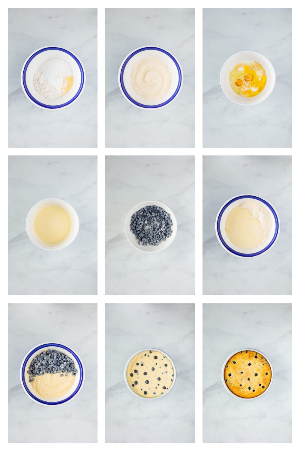 Step-by-step collage showing how to make lemon blueberry cornbread, from mixing the batter to the finished baked cornbread.