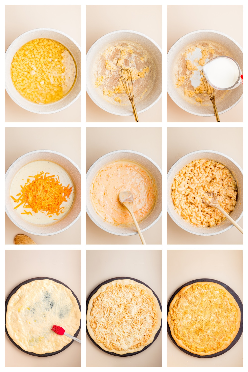 Step-by-step collage showing how to make mac and cheese pizza, from preparing the cheese sauce to assembling and baking the pizza.