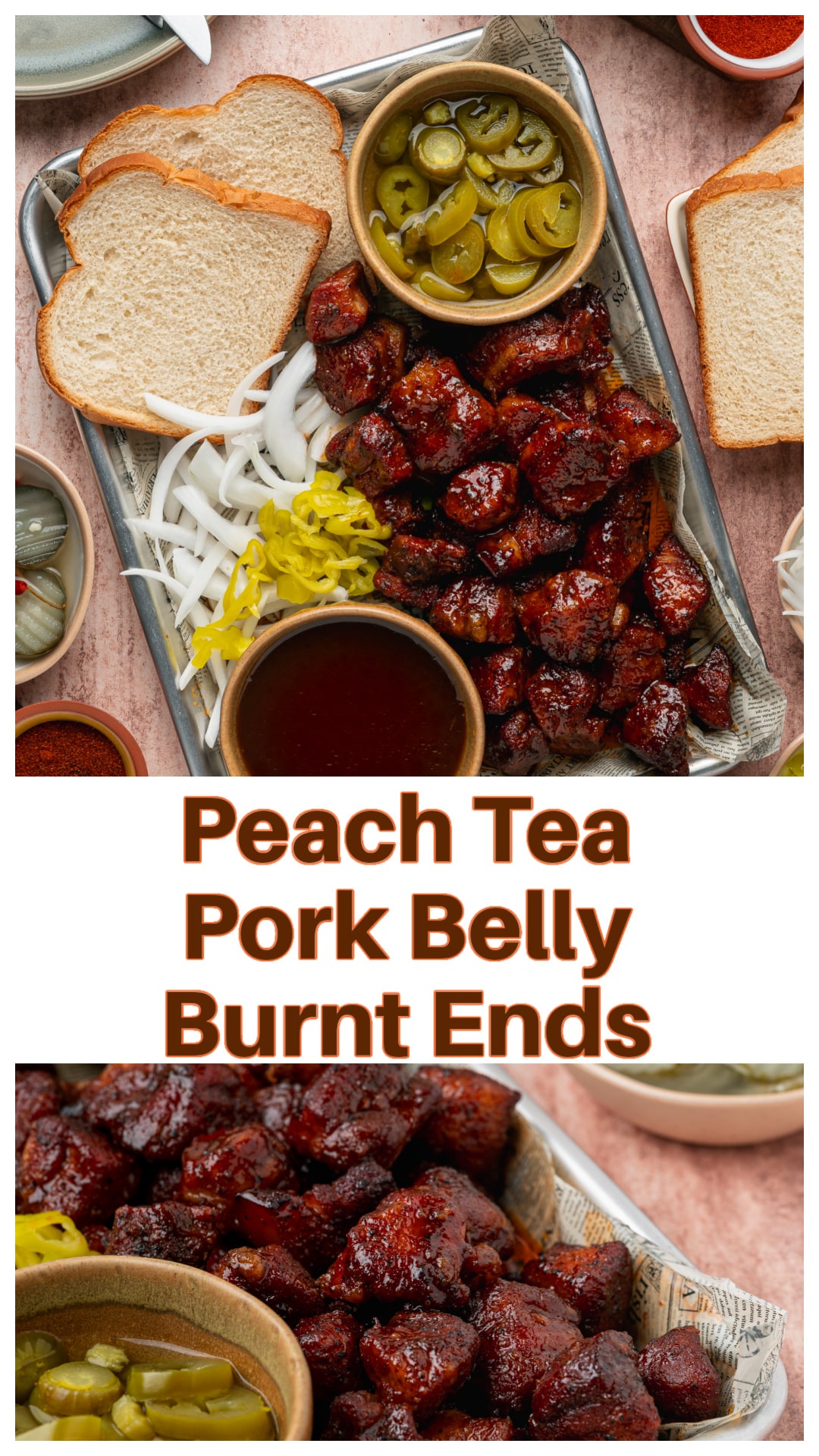 These Peach Tea Pork Belly Burnt Ends are proof you don't need a smoker to make tender, caramelized burnt ends at home. Pork belly is baked until fork tender, then coated in a sticky peach tea glaze made with reduced peach tea, peach preserves, barbecue sauce, and brown sugar before returning to the oven until beautifully glazed. Perfect for parties, game day, sandwiches, or serving with pickles, onions, and white bread. via @cmpollak1