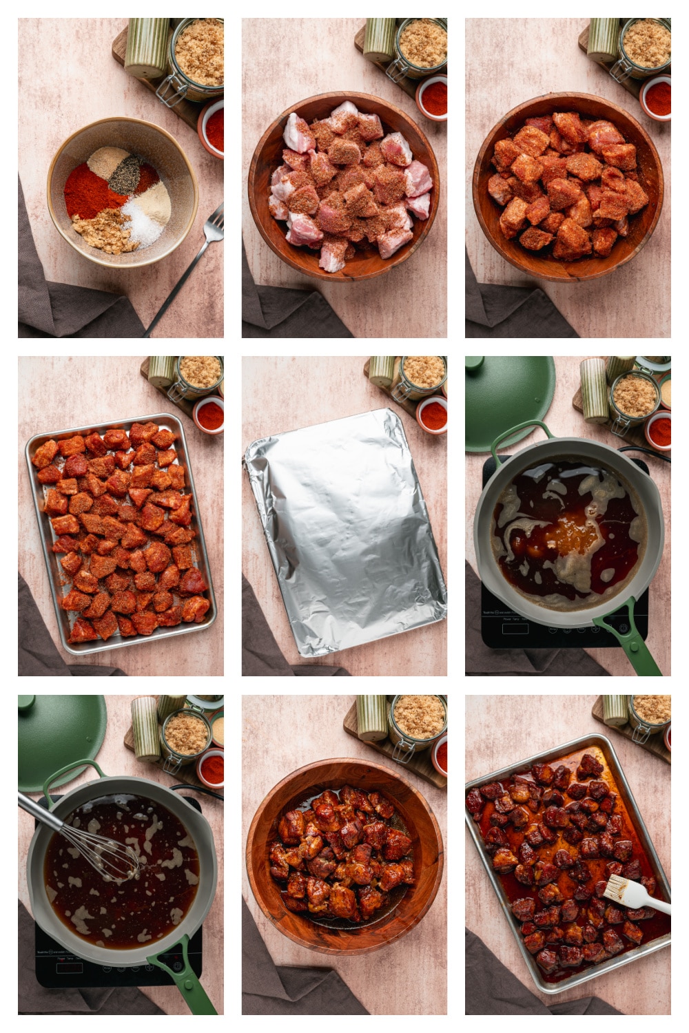 Step-by-step collage showing how to make Peach Tea Pork Belly Burnt Ends, from seasoning the pork belly to glazing and caramelizing in the oven.
