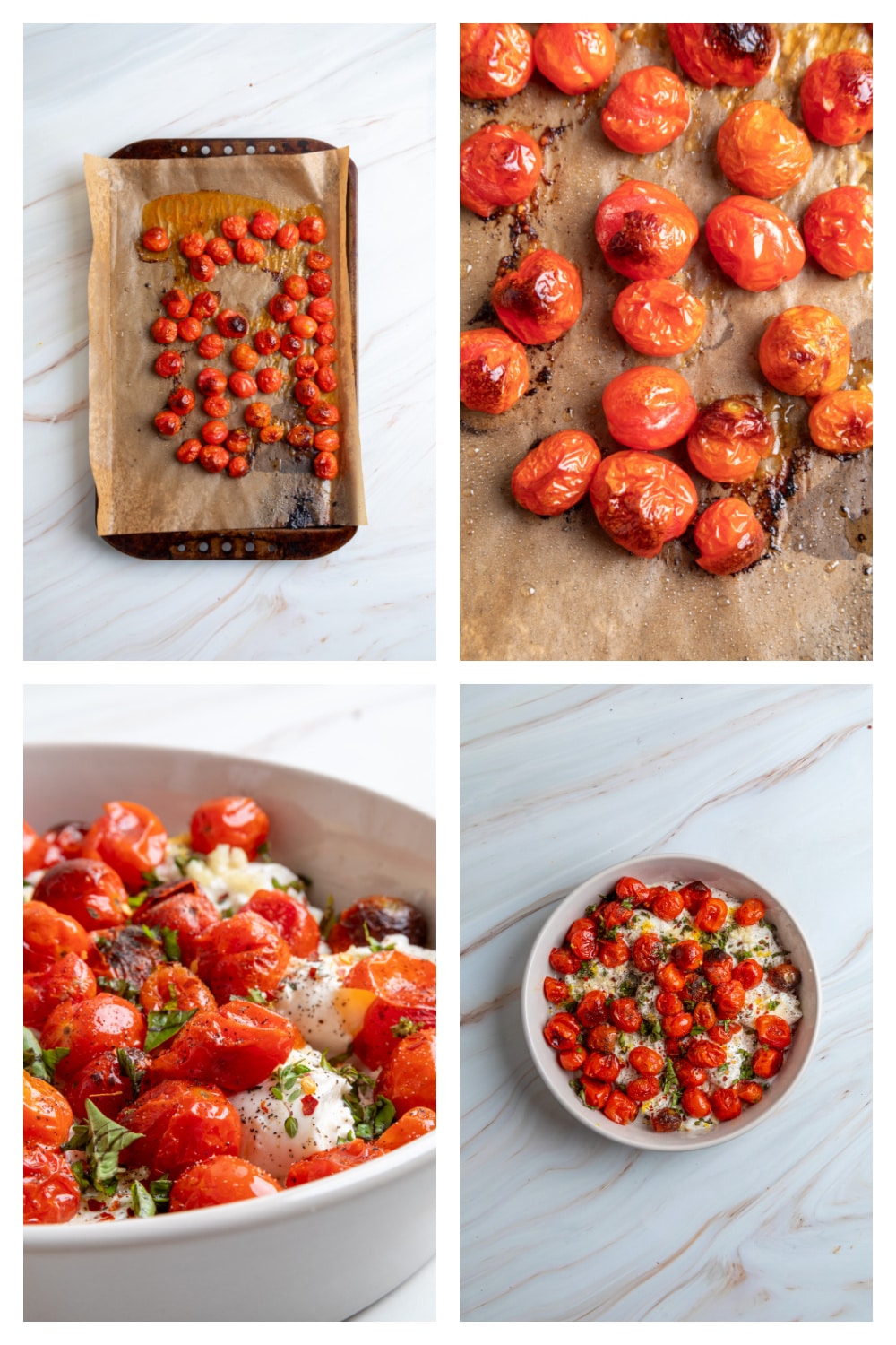 Step-by-step process for making Roasted Tomato Burrata Dip. Process collage showing how to make Roasted Tomato Burrata Dip from roasting the tomatoes to assembling and baking the dip.
