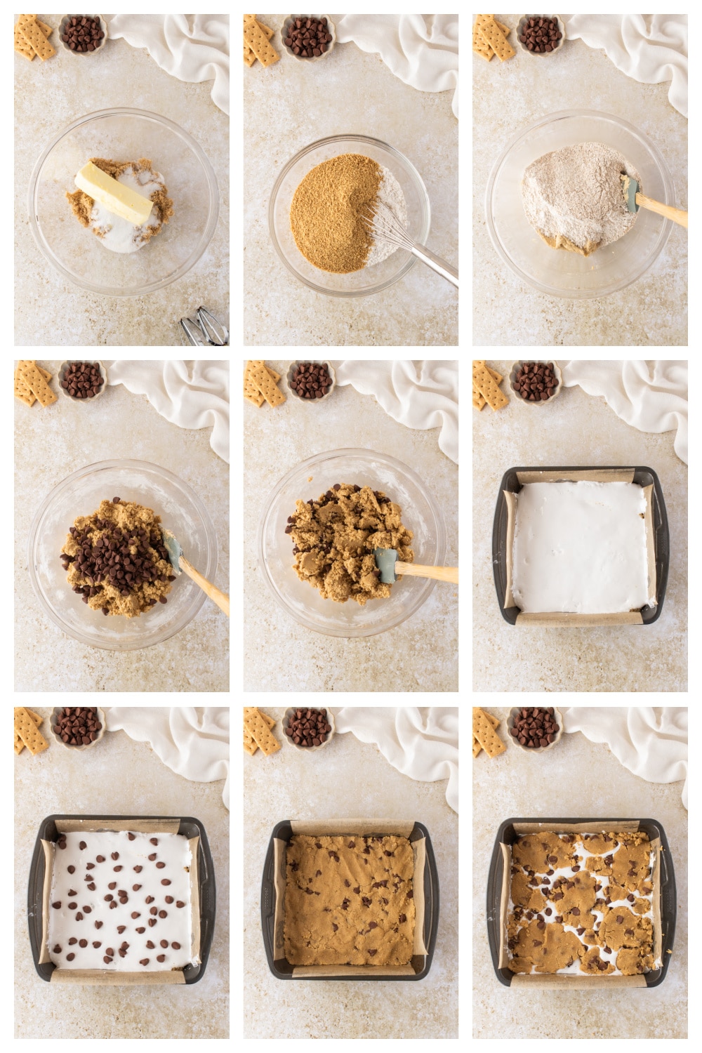 Process collage showing how to make s'mores cookie bars from mixing the graham cookie dough to layering the marshmallow creme and baking.