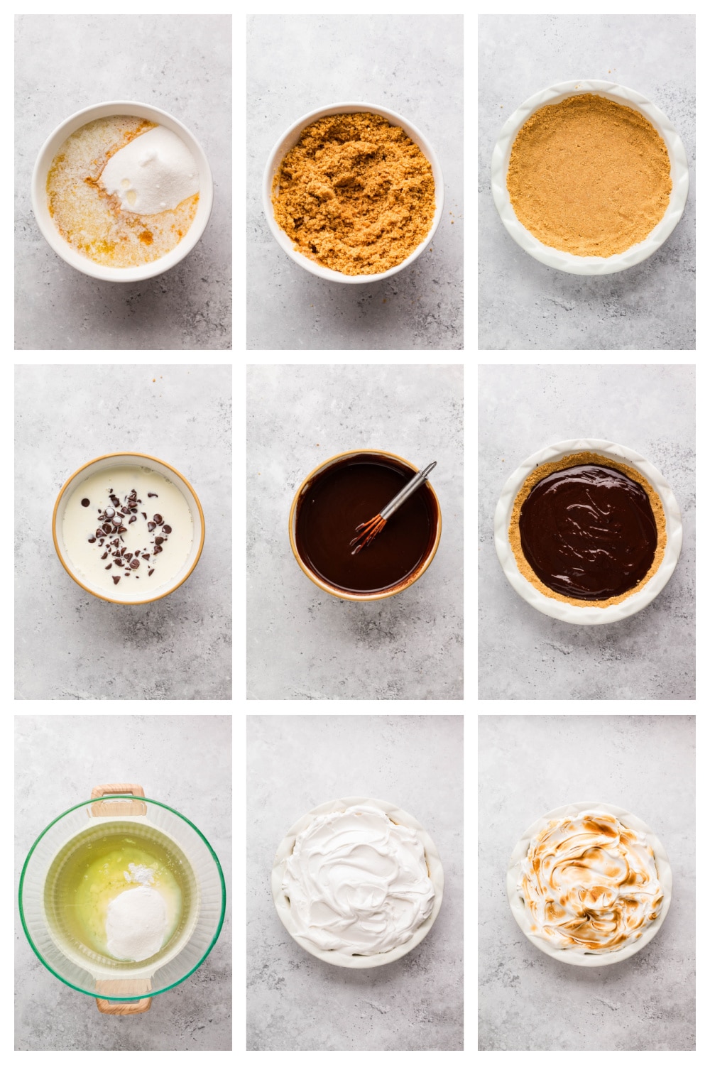 Process collage showing how to make the graham cracker crust, chocolate ganache, homemade marshmallow topping, and assembled pie.