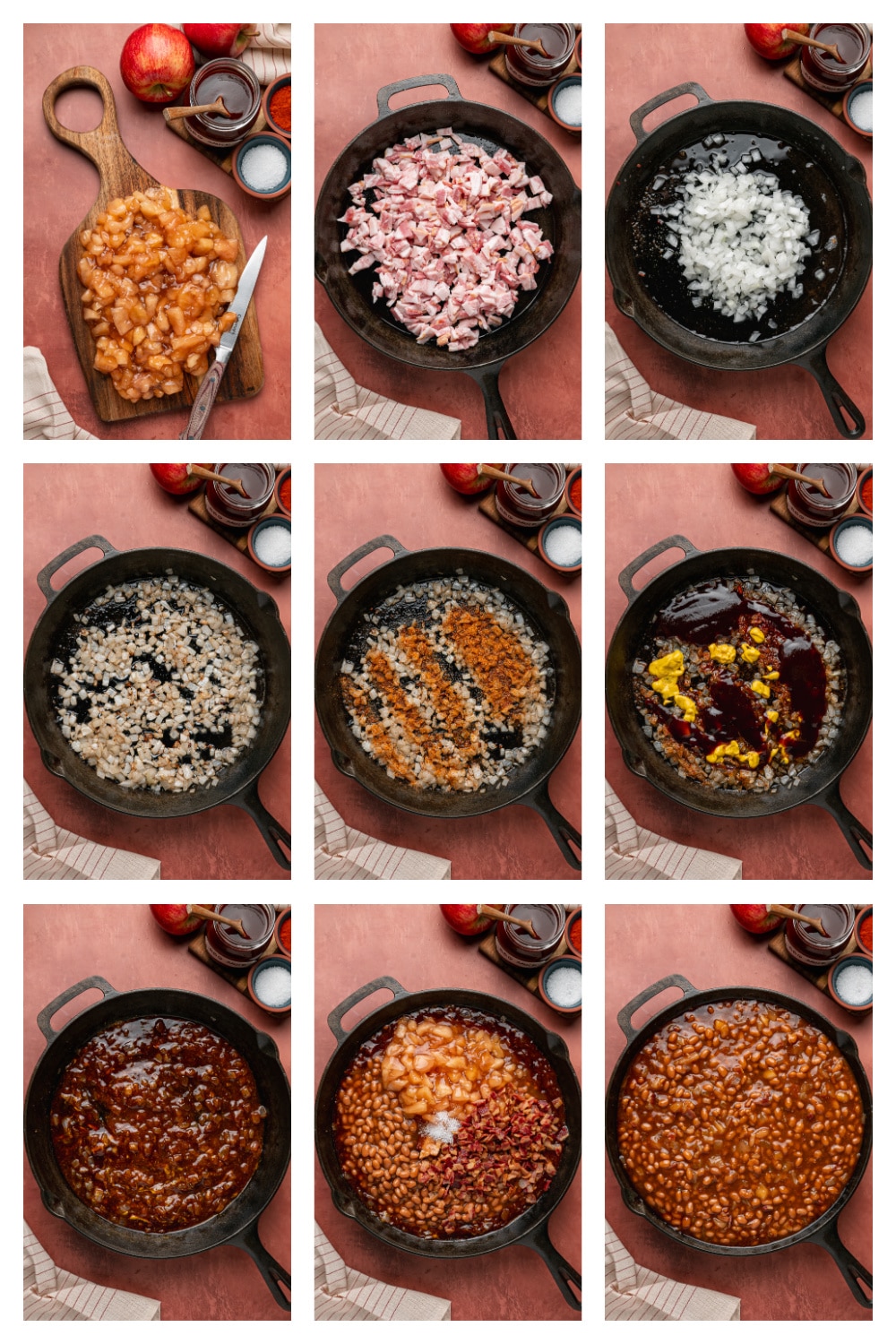 How to Make Apple Pie Baked Beans Steps for making apple pie baked beans in a cast-iron skillet