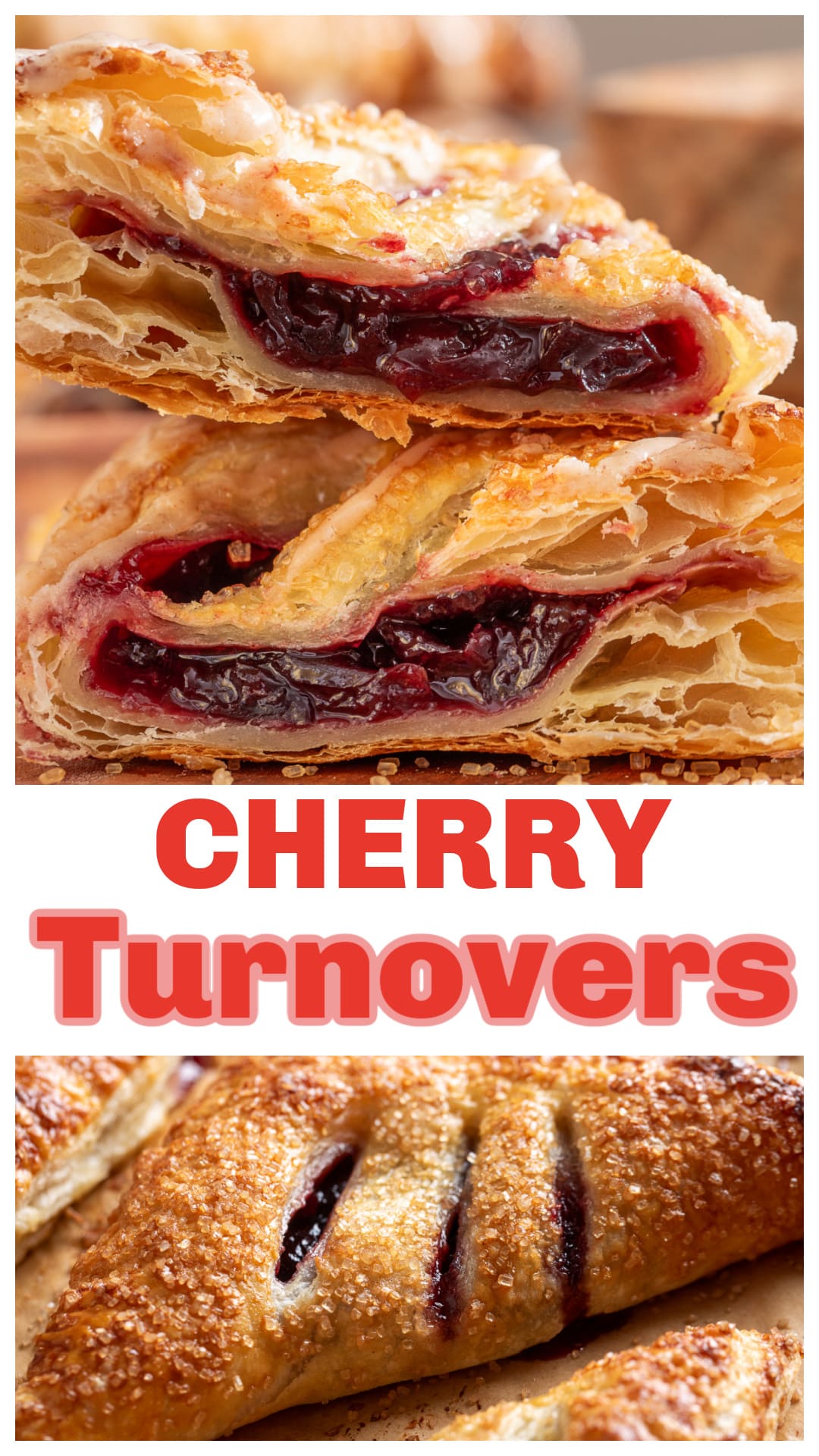 These Cherry Turnovers are made with frozen dark cherries, so there’s no need to wait for cherry season. The homemade cherry filling cooks down with granulated sugar, brown sugar, lemon juice and bourbon before being folded into puff pastry. Each turnover is brushed with egg wash, sprinkled generously with coarse sugar and baked until golden. A cinnamon-bourbon glaze finishes the pastries after they cool. Save this puff pastry cherry turnover recipe for brunch, dessert, holidays or anytime you have frozen cherries in the freezer. via @cmpollak1