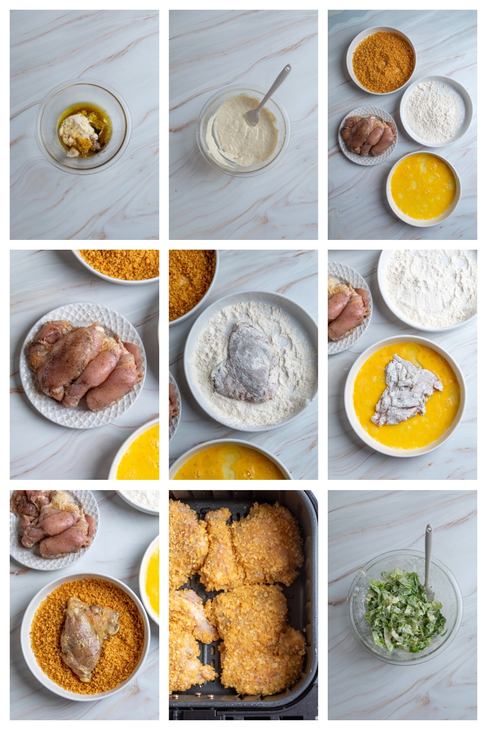 Process collage showing how to make a chicken Caesar salad sandwich, from coating the chicken to air frying, making the Caesar dressing, and assembling the sandwich.