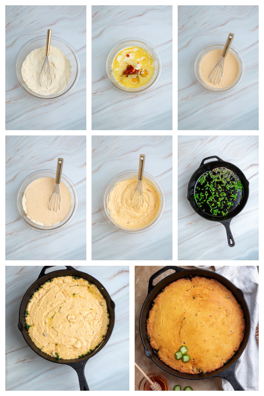 Process for making chipotle hot honey skillet cornbread in a preheated cast-iron skillet
