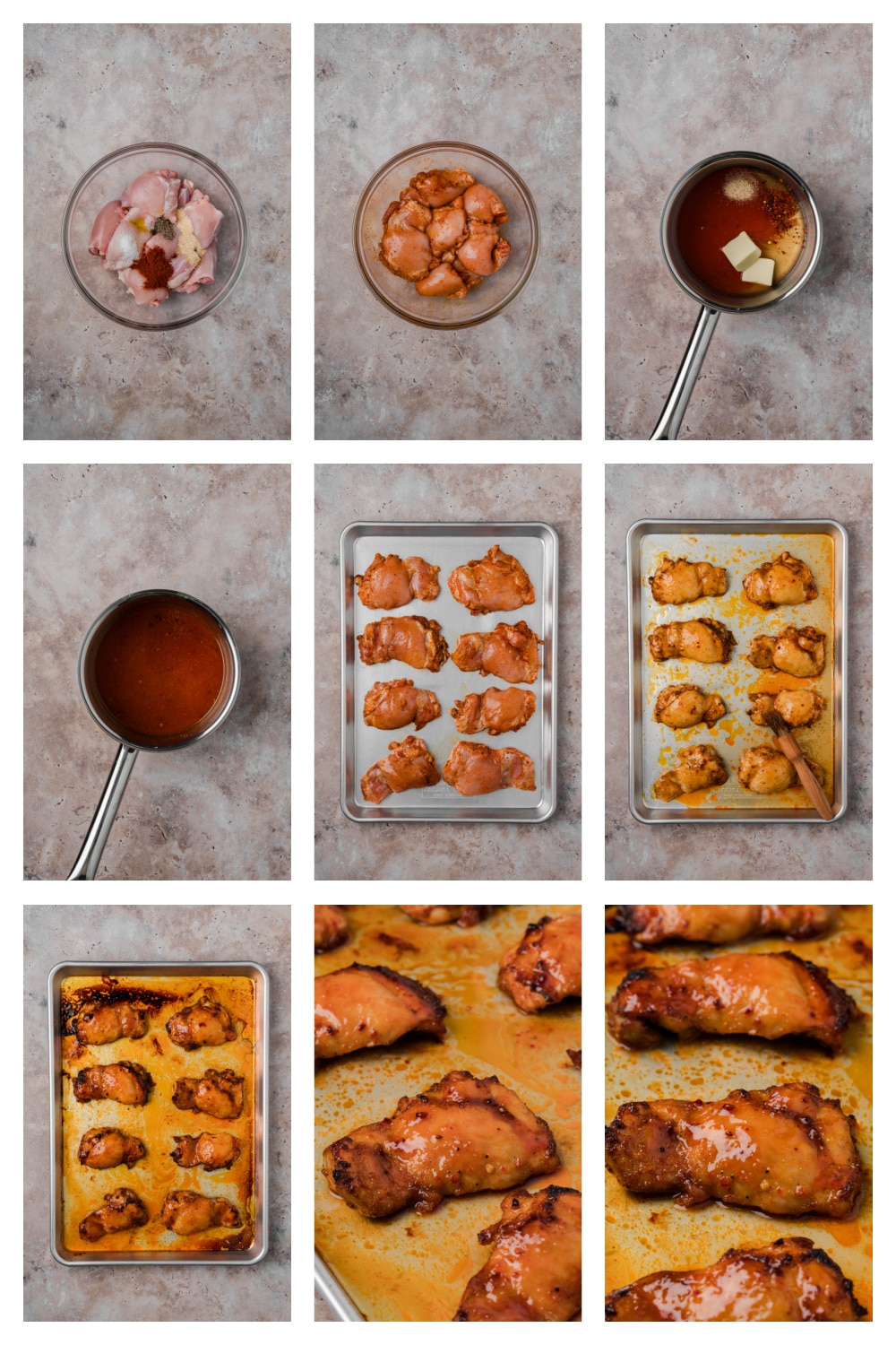 Process collage showing how to make hot honey chicken thighs, from seasoning the chicken to brushing on the homemade hot honey glaze.