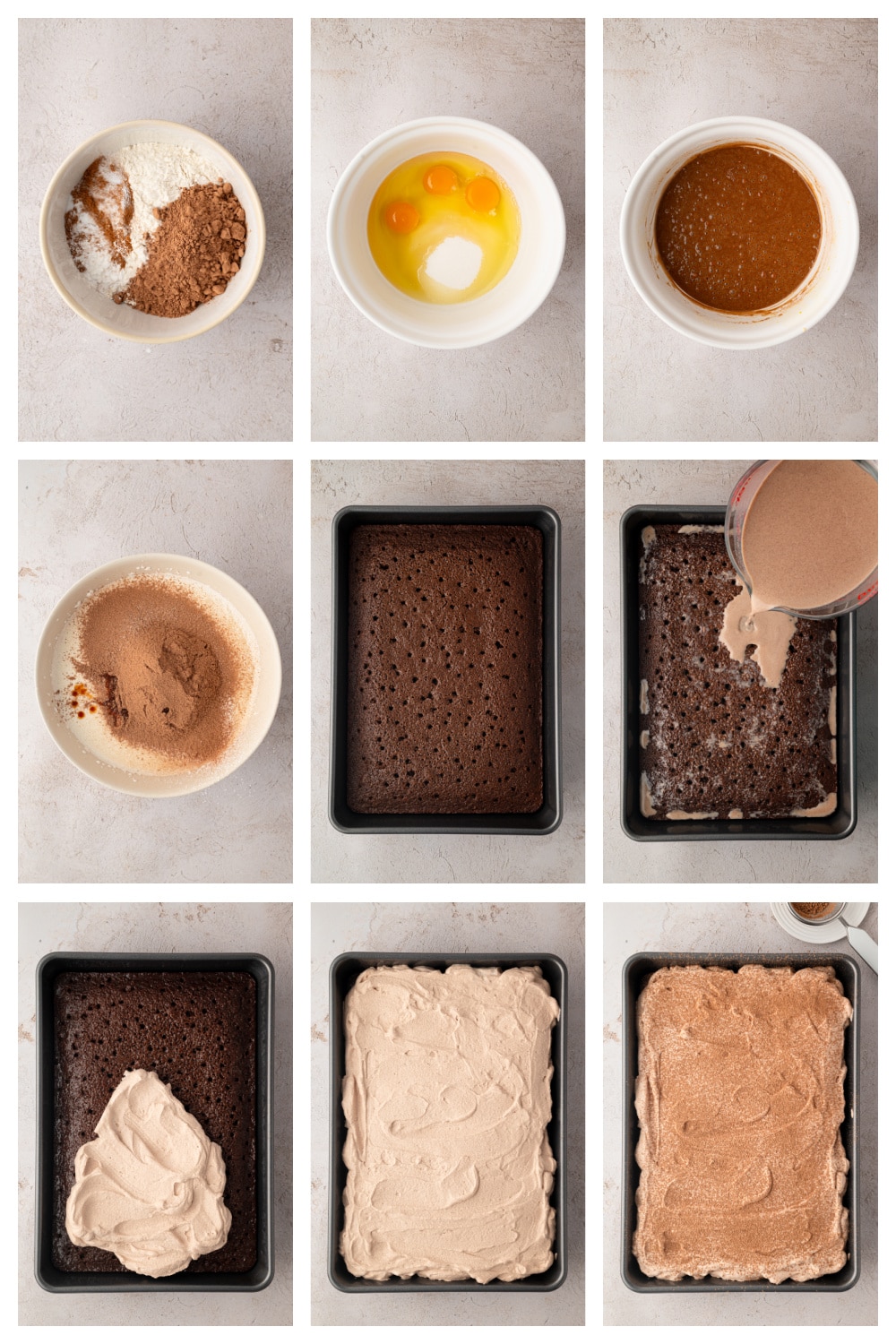 Step-by-step process for making chocolate tres leches cake, from mixing the chocolate batter to adding the milk soak and whipped cream.