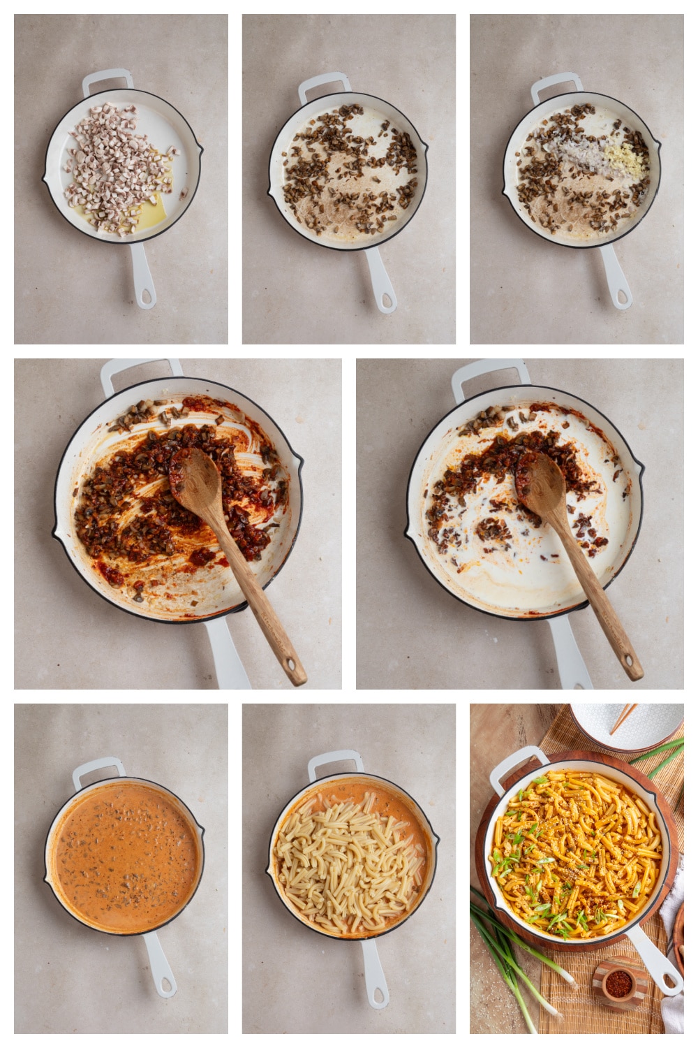 Step-by-step process for making gochujang pasta with mushrooms and creamy gochujang sauce
